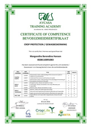 TRAINING ACADEMYTRAINING ACADEMYTRAINING ACADEMYTRAINING ACADEMY
CERTIFICATE OF COMPETENCECERTIFICATE OF COMPETENCECERTIFICATE OF COMPETENCECERTIFICATE OF COMPETENCE
BEVOEGDHEIDSERTIFIKAATBEVOEGDHEIDSERTIFIKAATBEVOEGDHEIDSERTIFIKAATBEVOEGDHEIDSERTIFIKAAT
CROP PROTECTION / GEWASBESKERMING
This is to certify that
Margaretha Berendina Hansen
Has been assessed and found competent against the unit standards
Geassesseer is en bevoeg bevind
SKILL
PROGRAM
UNIT
STANDARD
PLANTS/
PLANTE
116199
Demonstrate a basic understanding of the structure of a plant in
relation to its environment
116057 Understand the structure and functions of a plant
116272
Demonstrate a basic understanding of the physiological functioning of
the anatomic structures of the plant
PESTS /
PESTE
116204 Recognise pests, disease and weeds on crops
116124
Control pest, disease and weeds on all crops effectively and
responsibly
116265 Monitor pests, disease and weeds on crops
APPLY/
TOEDIENING
116080 Monitor, collect and collate agricultural data
116065 Store and control agrichemical products effectively and responsibly
116125 Apply crop and animal health products effectively and responsibly
IPM / GPB 116301
Apply effective and responsible integrated pest, disease & weed
control
TH Mabesa
CEO: AVCASA
AVCASAAVCASAAVCASAAVCASA
TRAINING ACADEMYTRAINING ACADEMYTRAINING ACADEMYTRAINING ACADEMY
Accreditation No AGRI/C PROV/0510/14
CERTIFICATE OF COMPETENCECERTIFICATE OF COMPETENCECERTIFICATE OF COMPETENCECERTIFICATE OF COMPETENCE
BEVOEGDHEIDSERTIFIKAATBEVOEGDHEIDSERTIFIKAATBEVOEGDHEIDSERTIFIKAATBEVOEGDHEIDSERTIFIKAAT
CROP PROTECTION / GEWASBESKERMING
This is to certify that / Hiermee word gesertifiseer dat
Margaretha Berendina Hansen
8508110091083
Has been assessed and found competent against the unit standards
r is en bevoeg bevind is teen die eenheidstandaarde
TITLE
Demonstrate a basic understanding of the structure of a plant in
relation to its environment
Understand the structure and functions of a plant
Demonstrate a basic understanding of the physiological functioning of
the anatomic structures of the plant
Recognise pests, disease and weeds on crops
Control pest, disease and weeds on all crops effectively and
responsibly
Monitor pests, disease and weeds on crops
Monitor, collect and collate agricultural data
Store and control agrichemical products effectively and responsibly
Apply crop and animal health products effectively and responsibly
Apply effective and responsible integrated pest, disease & weed
control
On / op
30 June 2016
Certificate No AVCASA-CP16-067
Mabesa
CERTIFICATE OF COMPETENCECERTIFICATE OF COMPETENCECERTIFICATE OF COMPETENCECERTIFICATE OF COMPETENCE
BEVOEGDHEIDSERTIFIKAATBEVOEGDHEIDSERTIFIKAATBEVOEGDHEIDSERTIFIKAATBEVOEGDHEIDSERTIFIKAAT
CROP PROTECTION / GEWASBESKERMING
Has been assessed and found competent against the unit standards /
standaarde
NQF
LEVEL
CREDITS
1 4
2 5
3 4
1 5
2 5
3 4
2 2
2 4
2 4
4 3
HH Jordaan
ASSESSOR
AGRI/ASS/1644/14
 