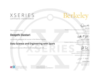 This is to certify that
Deepthi Dastari
successfully completed all courses in the XSeries Program
Data Science and Engineering with Spark
a series of 5 courses oﬀered by BerkeleyX through edX.
Diana Wu
Executive Director, Berkeley Resource Center for Online
Education
University of California, Berkeley
Anthony D. Joseph
Technical Advisor, Databricks
Professor in Electrical Engineering and Computer Science
University of California, Berkeley
Ameet Talwalkar
Technical Advisor, Databricks
Assistant Professor of Computer Science
University of California, Los Angeles
Jonathan Bates
Co-founder and Data Scientist
Bates Analytics, Inc.
XSERIES CERTIFICATE
Issued September 2016
VALID CERTIFICATE ID
6b2d3fc576e04d7da1520c3f4b32d1b1
 