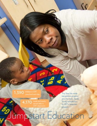 3
Jumpstart Education
Troy Seay has made
tremendous progress
since his mom, Tomika
Young, brought him
to CRT’s Jumpstart
program.
meals and snacks
served daily in
CRT classrooms
4,170
children in CRT
preschool each day1,390
 