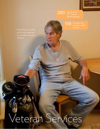 11
Veteran Services
David Wyant is settling
into his new apartment
in a complex with other
Veterans
280 vets served by
CRT Veteran
Services last year
138 homeless vets
moved to stable
housing
 