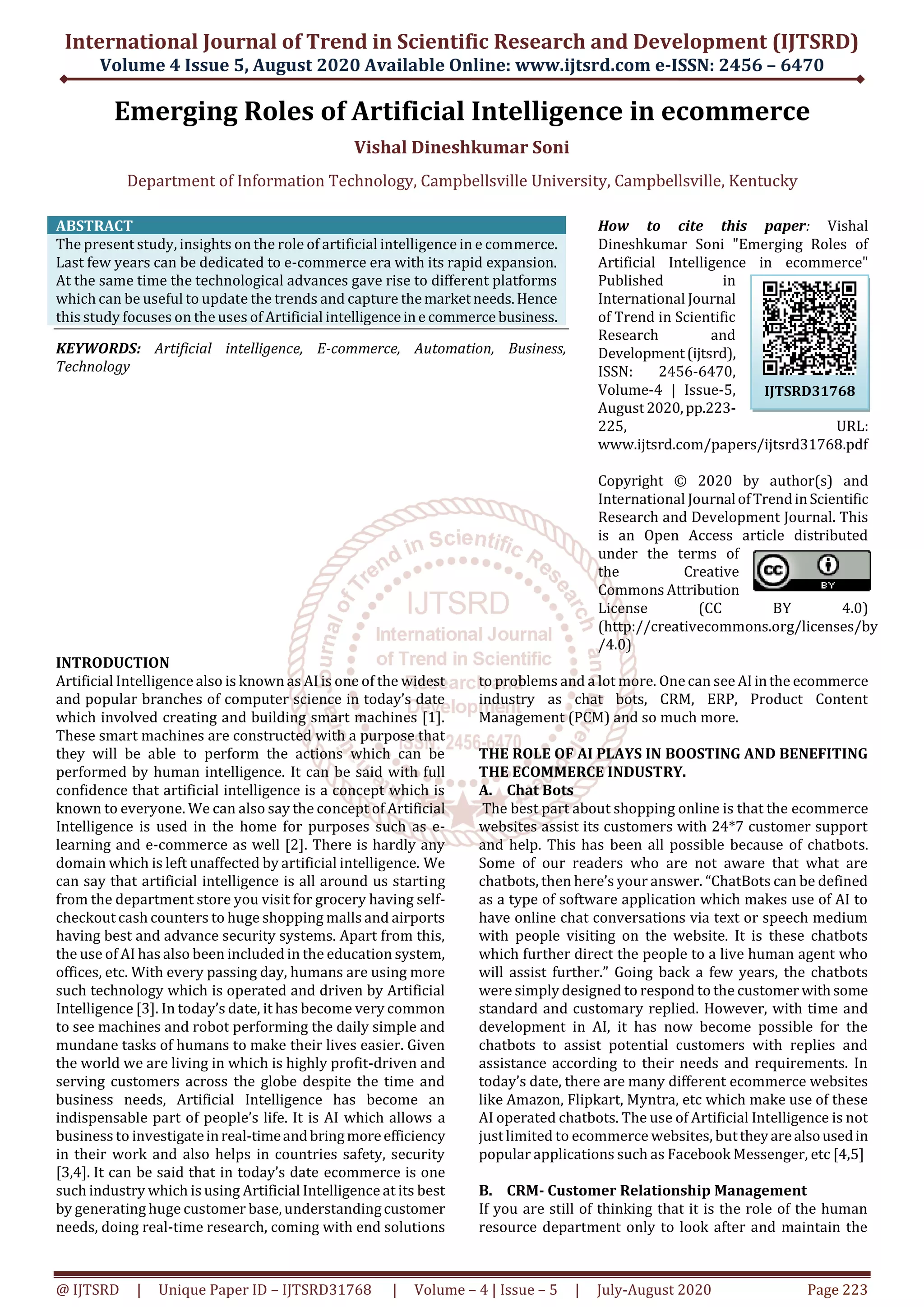 Emerging Roles of Artificial Intelligence in ecommerce | PDF