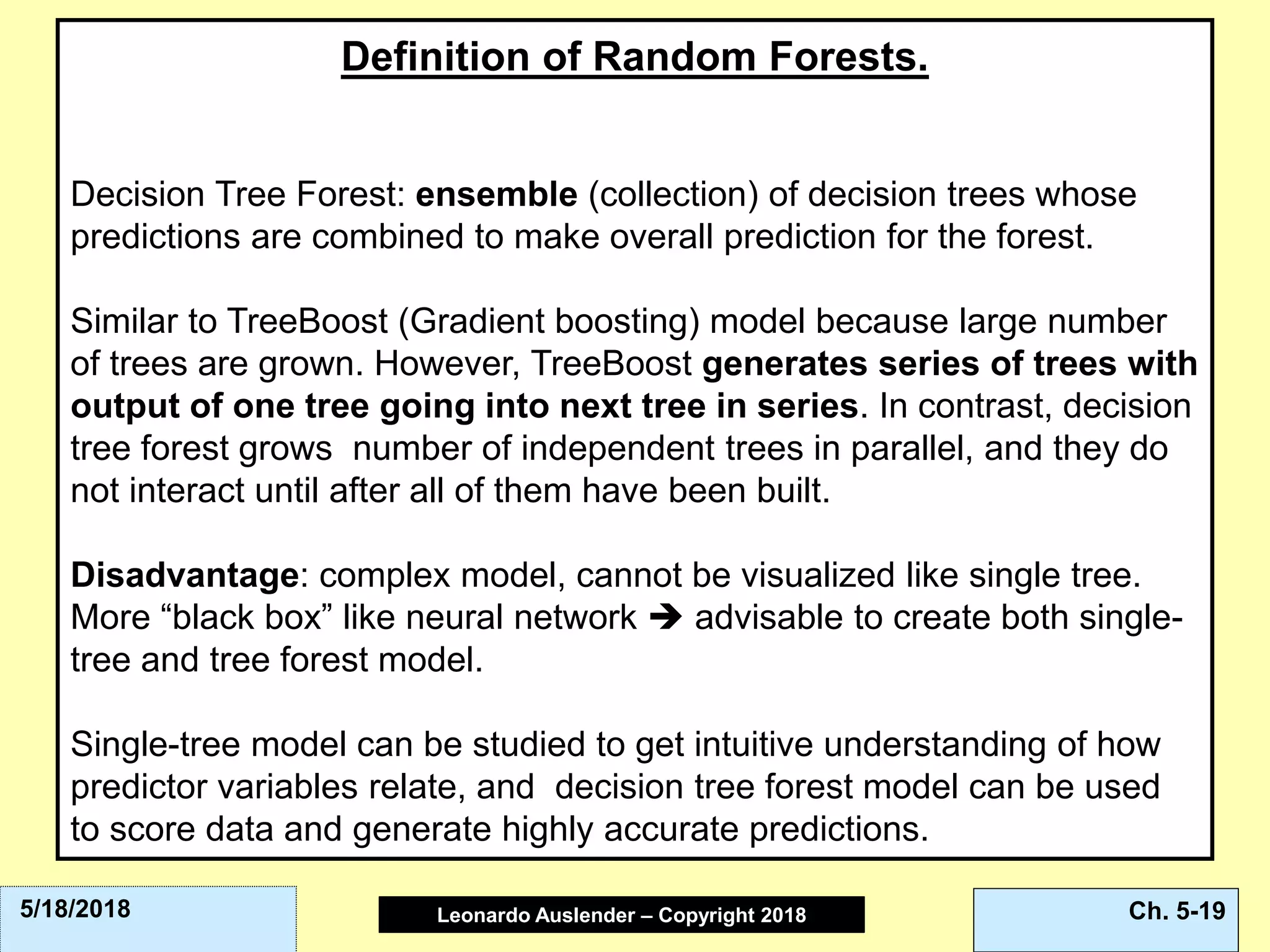 Leonardo Auslender Copyright 2004Leonardo Auslender – Copyright 2018 Ch. 5-195/18/2018
Definition of Random Forests.
Decision Tree Forest: ensemble (collection) of decision trees whose
predictions are combined to make overall prediction for the forest.
Similar to TreeBoost (Gradient boosting) model because large number
of trees are grown. However, TreeBoost generates series of trees with
output of one tree going into next tree in series. In contrast, decision
tree forest grows number of independent trees in parallel, and they do
not interact until after all of them have been built.
Disadvantage: complex model, cannot be visualized like single tree.
More “black box” like neural network  advisable to create both single-
tree and tree forest model.
Single-tree model can be studied to get intuitive understanding of how
predictor variables relate, and decision tree forest model can be used
to score data and generate highly accurate predictions.
 