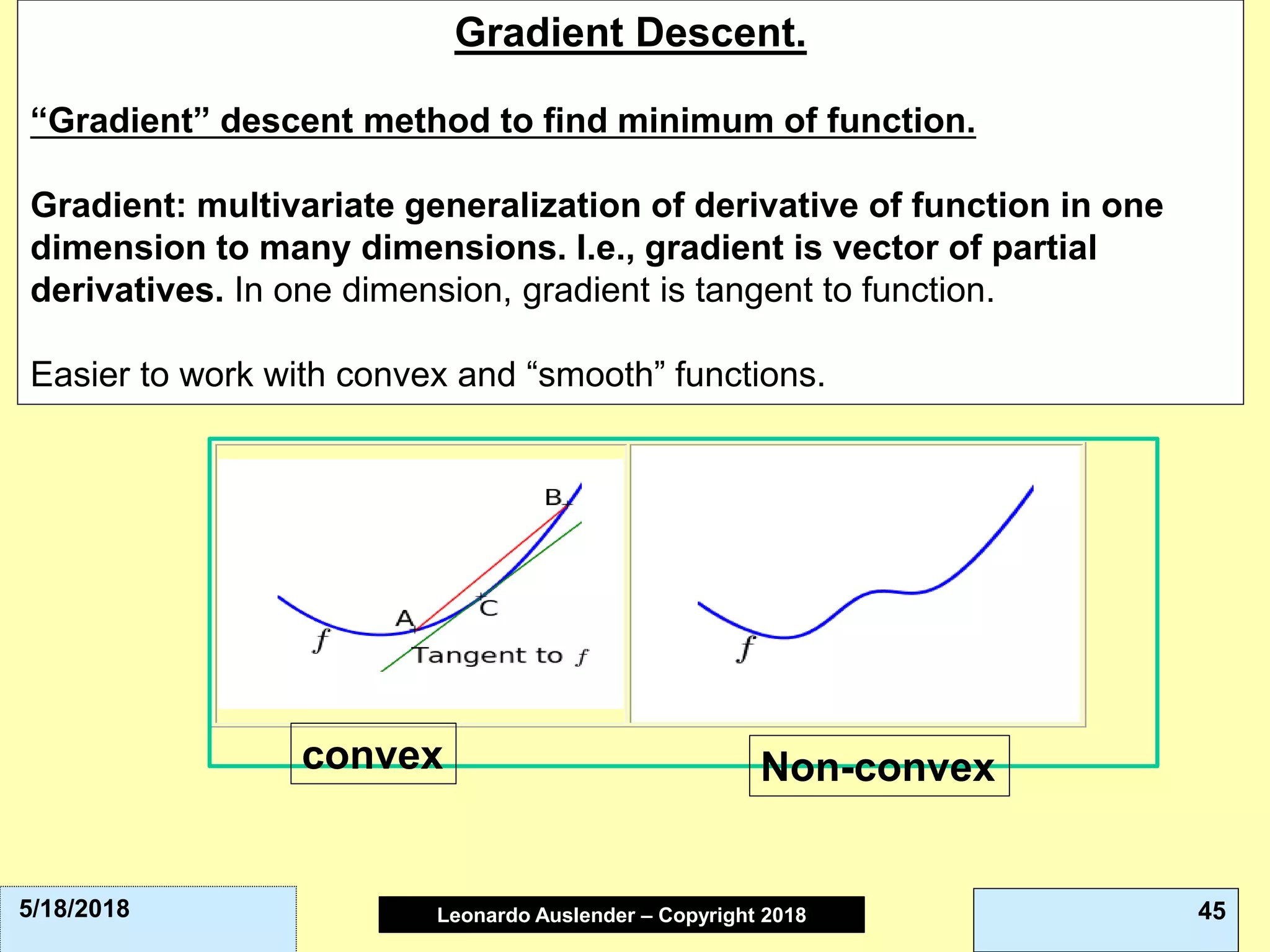 Leonardo Auslender Copyright 2004Leonardo Auslender – Copyright 2018 455/18/2018
Gradient Descent.
“Gradient” descent method to find minimum of function.
Gradient: multivariate generalization of derivative of function in one
dimension to many dimensions. I.e., gradient is vector of partial
derivatives. In one dimension, gradient is tangent to function.
Easier to work with convex and “smooth” functions.
convex Non-convex
 