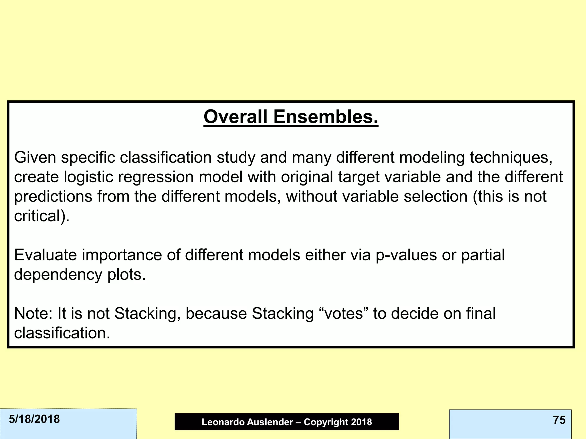 Leonardo Auslender Copyright 2004Leonardo Auslender – Copyright 2018 755/18/2018
Overall Ensembles.
Given specific classification study and many different modeling techniques,
create logistic regression model with original target variable and the different
predictions from the different models, without variable selection (this is not
critical).
Evaluate importance of different models either via p-values or partial
dependency plots.
Note: It is not Stacking, because Stacking “votes” to decide on final
classification.
 