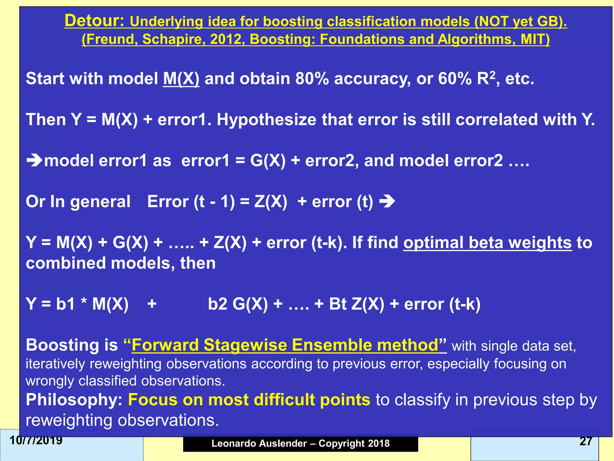 Leonardo Auslender Copyright 2004Leonardo Auslender – Copyright 2018 2710/7/2019
Detour: Underlying idea for boosting classification models (NOT yet GB).
(Freund, Schapire, 2012, Boosting: Foundations and Algorithms, MIT)
Start with model M(X) and obtain 80% accuracy, or 60% R2, etc.
Then Y = M(X) + error1. Hypothesize that error is still correlated with Y.
➔model error1 as error1 = G(X) + error2, and model error2 ….
Or In general Error (t - 1) = Z(X) + error (t) ➔
Y = M(X) + G(X) + ….. + Z(X) + error (t-k). If find optimal beta weights to
combined models, then
Y = b1 * M(X) + b2 G(X) + …. + Bt Z(X) + error (t-k)
Boosting is “Forward Stagewise Ensemble method” with single data set,
iteratively reweighting observations according to previous error, especially focusing on
wrongly classified observations.
Philosophy: Focus on most difficult points to classify in previous step by
reweighting observations.
 