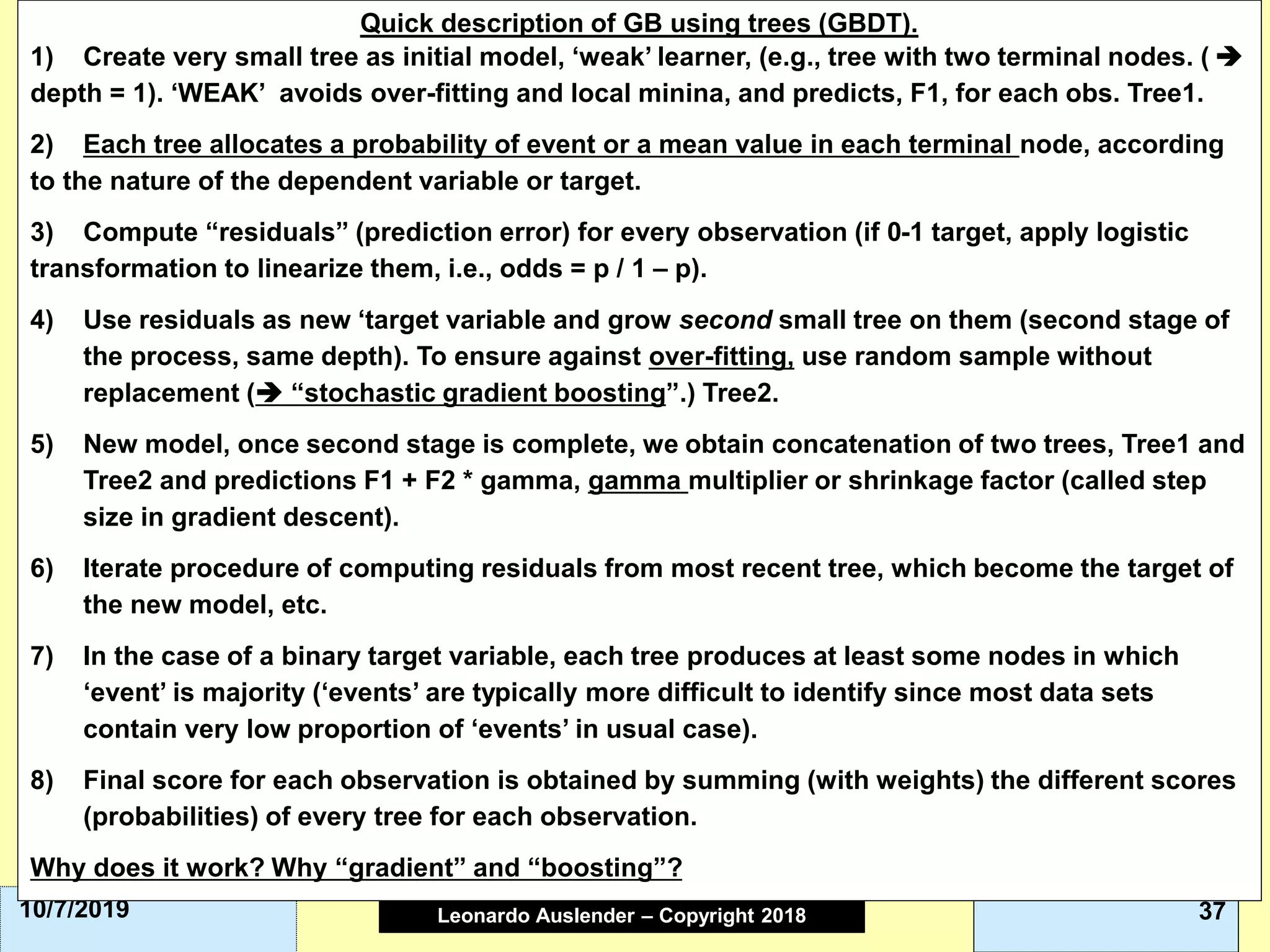 Leonardo Auslender Copyright 2004Leonardo Auslender – Copyright 2018 3710/7/2019
Quick description of GB using trees (GBDT).
1) Create very small tree as initial model, ‘weak’ learner, (e.g., tree with two terminal nodes. ( ➔
depth = 1). ‘WEAK’ avoids over-fitting and local minina, and predicts, F1, for each obs. Tree1.
2) Each tree allocates a probability of event or a mean value in each terminal node, according
to the nature of the dependent variable or target.
3) Compute “residuals” (prediction error) for every observation (if 0-1 target, apply logistic
transformation to linearize them, i.e., odds = p / 1 – p).
4) Use residuals as new ‘target variable and grow second small tree on them (second stage of
the process, same depth). To ensure against over-fitting, use random sample without
replacement (➔ “stochastic gradient boosting”.) Tree2.
5) New model, once second stage is complete, we obtain concatenation of two trees, Tree1 and
Tree2 and predictions F1 + F2 * gamma, gamma multiplier or shrinkage factor (called step
size in gradient descent).
6) Iterate procedure of computing residuals from most recent tree, which become the target of
the new model, etc.
7) In the case of a binary target variable, each tree produces at least some nodes in which
‘event’ is majority (‘events’ are typically more difficult to identify since most data sets
contain very low proportion of ‘events’ in usual case).
8) Final score for each observation is obtained by summing (with weights) the different scores
(probabilities) of every tree for each observation.
Why does it work? Why “gradient” and “boosting”?
 