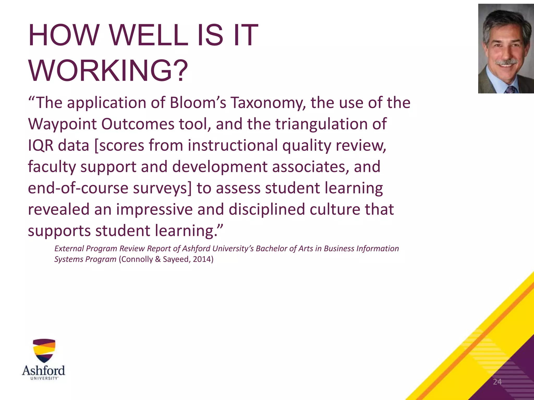 HOW WELL IS IT
WORKING?
“The application of Bloom’s Taxonomy, the use of the
Waypoint Outcomes tool, and the triangulation of
IQR data [scores from instructional quality review,
faculty support and development associates, and
end-of-course surveys] to assess student learning
revealed an impressive and disciplined culture that
supports student learning.”
External Program Review Report of Ashford University’s Bachelor of Arts in Business Information
Systems Program (Connolly & Sayeed, 2014)
24
 