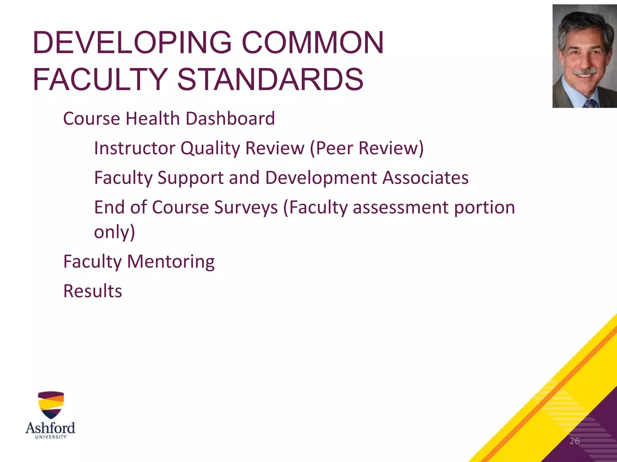 DEVELOPING COMMON
FACULTY STANDARDS
Course Health Dashboard
Instructor Quality Review (Peer Review)
Faculty Support and Development Associates
End of Course Surveys (Faculty assessment portion
only)
Faculty Mentoring
Results
26
 