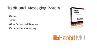 Traditional Messaging System
• Queue
• Topic
• After Consumed Removed
• Out of order messaging
 