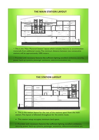 · This is the “Main Monorail Station” layout which includes features to accommodate
monorails from additional routes.The minimum distance between two consecutive
stations will be approximately 1000 meters.
· Provided with necessary features like sufﬁcient lighting, excellent ambience, security,
power back-up systems, passenger assistance, telecommunications etc.
THE MAIN STATION LAYOUT
•
•
 This is the station layout for the rest of the stations apart from the main
station.This layout is followed throughout for the entire route.
 This station setup occupies minimum land space.
 Provided with necessary features like sufﬁcient lighting, excellent ambience,
security, power back-up systems, passenger assistance, telecommunications etc.
THE STATION LAYOUT
 