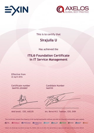 This is to certify that
Sirajulla U
Has achieved the
ITIL® Foundation Certificate
in IT Service Management
Effective from
22 April 2016
Certificate number Candidate Number
5669705.20528087 5669705
Abid Ismail, CEO, AXELOS drs. Bernd W.E. Taselaar, CEO, EXIN
This certificate remains the property of the issuing Examination Institute and shall be returned immediately upon request.
AXELOS, the AXELOS logo, the AXELOS swirl logo, ITIL, PRINCE2, MSP, M_o_R, P3M3, P3O, MoP and MoV are registered trade marks of AXELOS Limited. PRINCE2
 
