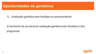 18
18
Oportunidades da genômica
1) Avaliação genética sem fenótipo ou precocemente
2) Aumento da acurácia da avaliação genética sem fenótipo e dos
programas
 