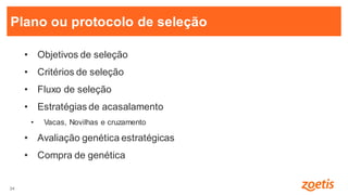34
34
• Objetivos de seleção
• Critérios de seleção
• Fluxo de seleção
• Estratégias de acasalamento
• Vacas, Novilhas e cruzamento
• Avaliação genética estratégicas
• Compra de genética
Plano ou protocolo de seleção
 