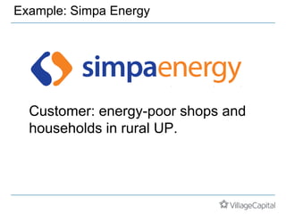 Example: Simpa Energy
Customer: energy-poor shops and
households in rural UP.
 