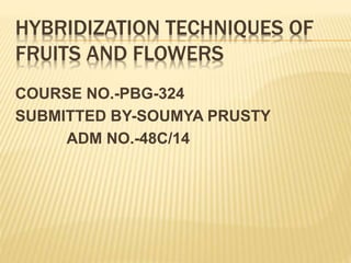 HYBRIDIZATION TECHNIQUES OF
FRUITS AND FLOWERS
COURSE NO.-PBG-324
SUBMITTED BY-SOUMYA PRUSTY
ADM NO.-48C/14
 