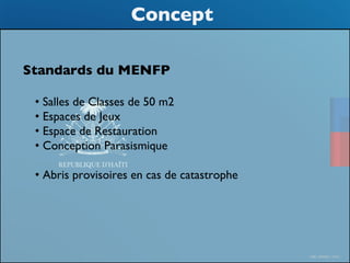 CDM_12052901_11212 
Concept 
Standards du MENFP 
• Salles de Classes de 50 m2 
• Espaces de Jeux 
• Espace de Restauration 
• Conception Parasismique 
• Abris provisoires en cas de catastrophe 
 