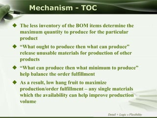 Copyright © Wondershare SoftwareDetail + Logic » Flexibility
Mechanism - TOC
 The less inventory of the BOM items determine the
maximum quantity to produce for the particular
product
 “What ought to produce then what can produce”
release unusable materials for production of other
products
 “What can produce then what minimum to produce”
help balance the order fulfillment
 As a result, low hang fruit to maximize
production/order fulfillment – any single materials
which the availability can help improve production
volume
 