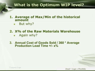 Copyright © Wondershare Software
Company Logo
What is the Optimum WIP level?
1. Average of Max/Min of the historical
amount
 But why?
2. X% of the Raw Materials Warehouse
 Again why?
3. Annual Cost of Goods Sold / 360 * Average
Production Lead Time +/- x%
Detail + Logic » Flexibility
 