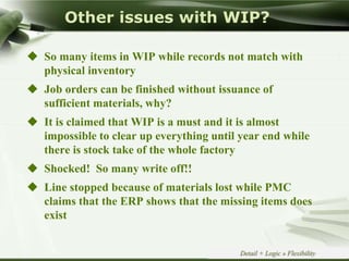 Copyright © Wondershare SoftwareDetail + Logic » Flexibility
Other issues with WIP?
 So many items in WIP while records not match with
physical inventory
 Job orders can be finished without issuance of
sufficient materials, why?
 It is claimed that WIP is a must and it is almost
impossible to clear up everything until year end while
there is stock take of the whole factory
 Shocked! So many write off!!
 Line stopped because of materials lost while PMC
claims that the ERP shows that the missing items does
exist
 