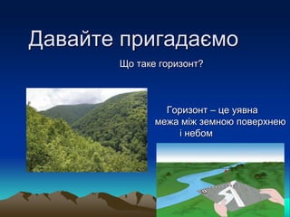 Давайте пригадаємо
Що таке горизонт?
Горизонт – це уявна
межа між земною поверхнею
і небом
 