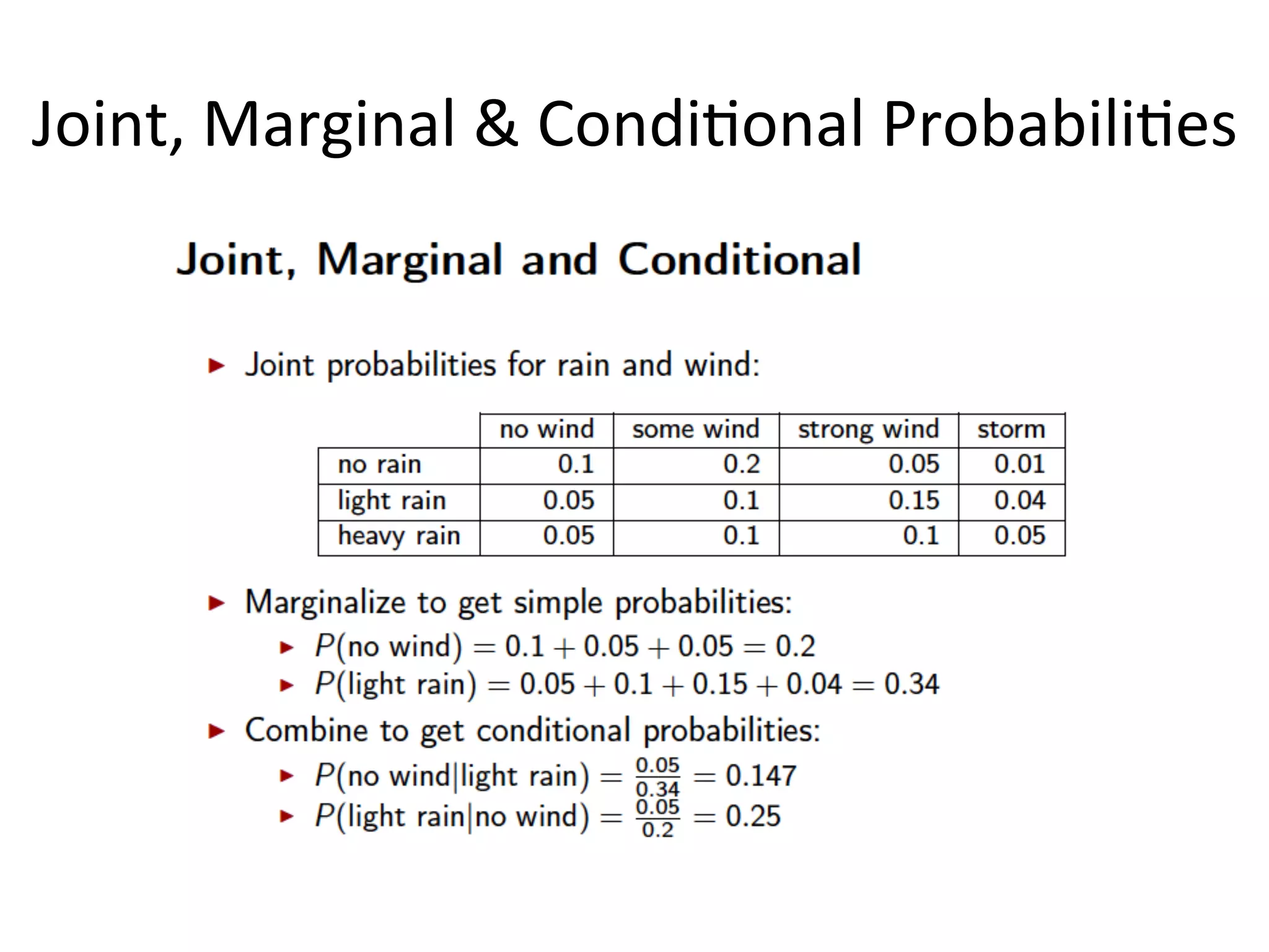 Quiz	
  1:	
  only	
  one	
  answer	
  is	
  correct	
  
11	
  
We	
  apply	
  the	
  following	
  mul*plica*on	
  rule:	
  P(A,B)=P(B)P(A|B),	
  since	
  we	
  know	
  these	
  elements:	
  	
  
P(B)	
  (i.e	
  1/10	
  000	
  =	
  0.0001)	
  ;	
  P(A|B)	
  (i.e	
  1/1	
  000	
  000	
  =	
  0.000001)	
  
	
  
P(A,B)=P(B)P(A|B)	
  =	
  0.0001	
  *	
  0.000001	
  =	
  0.0000000001	
  (=	
  10	
  000	
  000	
  000	
  =	
  10	
  billions)	
  	
  
Result:	
  the	
  intersec*on	
  of	
  A	
  and	
  B	
  (ie	
  people	
  having	
  BOTH	
  a	
  PhD	
  in	
  physics	
  and	
  winning	
  a	
  nobel	
  
prize)	
  is	
  1	
  in	
  10	
  billions	
  
	
  
1:	
  is	
  the	
  probability	
  of	
  1	
  in	
  10	
  billions	
  smaller	
  than	
  1	
  in	
  1	
  million	
  ?	
  yes!	
  0.0000000001	
  is	
  smaller	
  
than	
  0.000001	
  
2:	
  is	
  the	
  probability	
  of	
  1	
  in	
  10	
  millions	
  greater	
  than	
  1	
  in	
  1	
  million	
  ?	
  NO!	
  0.0000000001	
  is	
  NOT	
  
smaller	
  than	
  0.000001	
  
3:	
  impossible	
  to	
  predict:	
  INCORRECT!	
  it	
  is	
  possible	
  to	
  predict	
  the	
  probability	
  because	
  you	
  have	
  
all	
  the	
  elements	
  to	
  apply	
  the	
  mul*plica*on	
  rule.	
  
 