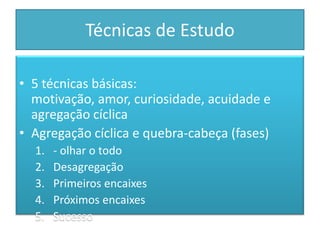 Técnicas de Estudo
• 5 técnicas básicas:
motivação, amor, curiosidade, acuidade e
agregação cíclica
• Agregação cíclica e quebra-cabeça (fases)
1. - olhar o todo
2. Desagregação
3. Primeiros encaixes
4. Próximos encaixes
5. Sucesso
 