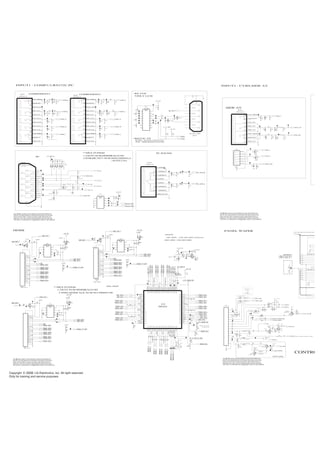 Copyright LG Electronics. Inc. All right reserved.
Only for training and service purposes
THE SYMBOL MARK OF THIS SCHEMETIC DIAGRAM INCORPORATES
SPECIAL FEATURES IMPORTANT FOR PROTECTION FROM X-RADIATION.
FILRE AND ELECTRICAL SHOCK HAZARDS, WHEN SERVICING IF IS
ESSENTIAL THAT ONLY MANUFATURES SPECFIED PARTS BE USED FOR
THE CRITICAL COMPONENTS IN THE SYMBOL MARK OF THE SCHEMETIC.
220K
R133
75
R121
75
R111
SD05
D105
220K
R108
COMP1_R
COMP1_Pb
PC_AUD_R
CDS3C05GTA
5.6V
D122
COMP1_Y
SD05
30V
D117
75
R123
5.6V
D103
COMP2_Pr
CDS3C05GTA
5.6V
D123
PPJ209-02
JK100
4A[GN]CONTACT
2A [GN]1P_CAN
3A [GN]O_SPRING
2B [BL]1P_CAN
5B [BL]C_LUG_L
2C [RD]1P_CAN1
5C [RD]C_LUG_L
2D [WH]1P_CAN
5D[WH]C_LUG_L
2E [RD]1P_CAN2
4E[RD]CONTACT
3E [RD]O_SPRING
SD05
D106
5.6V
D104
COMP2_L
220K
R119
COMP1_Pr
COMP1_L
75
R122
75
R110
220K
R106
220K
R120
COMP2_Pb
PPJ209-02
JK101
4A
[GN]CONTACT
2A
[GN]1P_CAN
3A
[GN]O_SPRING
2B
[BL]1P_CAN
5B
[BL]C_LUG_L
2C
[RD]1P_CAN1
5C
[RD]C_LUG_L
2D
[WH]1P_CAN
5D
[WH]C_LUG_L
2E
[RD]1P_CAN2
4E
[RD]CONTACT
3E
[RD]O_SPRING
30V
D119
SD05
1000-ohm
L100
PC_AUD_L
COMP2_R
220K
R132
SD05
30V
D118
1000-ohm
L101
SD05
D107
COMP2_Y
75
R109
5.6V
D115
5.6V
D116
10K
R136
10KR143
10KR144
12K
R142
12K
R145
12K
R137
10K
R134
12K
R135
10K
R138
10K
R140
12K
R139
12K
R141
68R114
DSUB_SCL
75
R116
CDS3C30GTH
30V
D112
DSUB_SDA
+5V_ST
CDS3C30GTH
30V
D110
100
R125
+5V_MULTI
75
R117
DSUB_SDA
DSUB_SCL
0.1uF
C100
PC_G
CDS3C30GTH
30V
D114
0.1uF
C102
75
R118
4.7K
R112
68R115
0.1uF
C101
PC_R
PC_B
PC_VS
68pF
C103
PC_HS
0.1uF
C105
4.7K
R113
68pF
C104
CDS3C30GTH
30V
D113
100
R124
100
R128
4.7K
R150
READY
+5V_ST
100
R129
100
R130
0.1uF
C110
0.1uF
C106
100
R131
OPT
C111
TXD
0.1uF
C108
0.1uF
C109
OPT
C112
RXD
CDS3C30GTH
30V
D121
0.1uF
C107
4.7K
R151
READY
+3.3V_MST
CDS3C30GTH
30V
D120
+5V_ST
ENKMC2837-T112
D109
AAC
C
ENKMC2837-T112
D111
AAC
C
ENKMC2837-T112
D108
AAC
C
MAX3232CDR
IC101
RS232C
3
C1-
2
V+
4
C2+
1
C1+
6
V-
5
C2-
7
DOUT2
8
RIN2
9
ROUT2
10
DIN2
11
DIN1
12
ROUT1
13
RIN1
14
DOUT1
15
GND
16
VCC
PEJ024-01
JK102
6B T_TERMINAL2
8 SHIELD_PLATE
7B B_TERMINAL2
5 T_SPRING
4 R_SPRING
7A B_TERMINAL1
6A T_TERMINAL1
3 E_SPRING
IR_OUT
4.7K
R127
4.7K
R126
6630TGA004K
KCN-DS-1-0089
JK104
1
RED
2
GREEN
3
BLUE
4
GND_1
5
DDC_GND
6 RED_GND
7
GREEN_GND
8 BLUE_GND
9 NC
10 SYNC_GND
11
GND_2
12
DDC_DATA
13
H_SYNC
14
V_SYNC
15
DDC_CLOCK
16 SHILED
KCN-DS-1-0088
JK103
1
2
3
4
5
6
7
8
9
10
AT24C02BN-10SU-1.8
IC100
3
A2
2
A1
4
GND
1
A0
5
SDA
6
SCL
7
WP
8
VCC
1000pF
READY
C113
0
R146
1000pF
READY
C114
0
R147
1000pF
READY
C115
0
R148
1000pF
READY
C116
0
R149
COMPONENT2
SDC 15 applying check
PC SOUND
COMPONENT1
INPUT1 : COMP1/2,RS232C,PC
PC
RS-232C
*ONLY LG30
1.24C02-SUB:0IMMRAL014D
**MULTI ITEM
2.ENKMC2837-SUB:0DS226009AA
(KDS226)
SUB : 0IMCRSG010A(STM)
MAIN : EAN41348201(TI)
*RS232C TX
THE SYMBOL MARK OF THIS SCHEMETIC DIAGRAM INCORPORATES
SPECIAL FEATURES IMPORTANT FOR PROTECTION FROM X-RADIATION.
FILRE AND ELECTRICAL SHOCK HAZARDS, WHEN SERVICING IF IS
ESSENTIAL THAT ONLY MANUFATURES SPECFIED PARTS BE USED FOR
THE CRITICAL COMPONENTS IN THE SYMBOL MARK OF THE SCHEMETIC.
5.6V
D216
220K
R244
SIDE_RIN
75
R241
SD05
D214
SIDE_V
220K
R242
SIDE_LIN
5.6V
D215
75
R245
SIDE_Y
75
R246
SIDE_C
SD05
D217
SD05
D218
S_VIDEO_DET
SD05
D219
12K
R248
12K
R250
10KR247
10KR249
OPT
C210
READY
PPJ218-01
JK204
5C [RD]CONTACT
2C [RD]U_CAN
4C [RD]O_SPRING
2B [WH]U_CAN
3B [WH]C_LUG
2A [YL]U_CAN
5A [YL]CONTACT
4A [YL]O_SPRING
PSJ015-02
JK205
5 O_SPRING
4A C_LUG_L_1
4B C_LUG_S_1
4C C_LUG_L_2
4D C_LUG_S_2
3 GROUND
7SHIELD
0.1uF
16V
READY C213
0
R252
0
R251
100pF
50V
READY
C214
100pF
50V
READY
C215
INPUT2 : CVBS,SIDE AV
SIDE AV
THE SYMBOL MARK OF THIS SCHEMETIC DIAGRAM INCORPORATES
SPECIAL FEATURES IMPORTANT FOR PROTECTION FROM X-RADIATION.
FILRE AND ELECTRICAL SHOCK HAZARDS, WHEN SERVICING IF IS
ESSENTIAL THAT ONLY MANUFATURES SPECFIED PARTS BE USED FOR
THE CRITICAL COMPONENTS IN THE SYMBOL MARK OF THE SCHEMETIC.
TMDS3_RX2-
TMDS3_RXC-
HPD_S/W_2
TMDS2_RXC-
1K
R319
+5V_HDMI_2
HDMI_SEL1
TMDS3_RXC-
HDMI_C-
HDMI_SCL
HDMI_0-
10K
R351
HPD_MST_2
TMDS3_RX0+
TMDS2_RX2-
HDMI_C+
TMDS1_RX0+
+5V_HDMI_3
4.7KR362
CEC_C
DDC_SCL1
CEC
TMDS1_RX1-
HDMI1_5V_DET
TMDS2_RX1+
HDMI3_5V_DETTMDS2_RXC-
TMDS2_RXC+
0.01uFC310
1K
R344
SIDE_HDMI
10K
R300
0.01uFC315
HDMI_0+
+3.3V_MULTI_MST
1K
R310
+3.3V
CEC
DDC_SDA2
0.01uFC314
TMDS3_RX2+
TMDS1_RXC-
HDMI_1-
0.01uFC316
10K
R328
HPD_S/W_1
TMDS2_RX0+
TMDS2_RX0+
0.01uFC308
TMDS3_RX0-
HDMI_2-
HPD_S/W_3
TMDS3_RX0-
TMDS3_RX1+
HDMI2_5V_DET
10K
R324
0
READY
R369
TMDS3_RXC+
DDC_SCL3
TMDS1_RXC+
+3.3V_MULTI_MST
+5V_HDMI_2
HPD_S/W_2
HPD_MST_1
CEC
BSS83
Q306
S
B
D
G
10K
R335
SIDE_HDMI
TMDS1_RX1+
TMDS3_RX1-
TMDS2_RXC+
0
R370
READY
TMDS1_RX2+
4.7K
R375
READY
0
R373
TMDS2_RX1+
TMDS1_RX0-
+3.3V_HDMI_SW
+5V_ST
4.7KR361
0
R356
TMDS2_RX2-
+5V_HDMI_1
TMDS3_RX2-
TMDS3_RX2+
0
R358
HDMI_1+
0.01uF
50V
READY
C307
TMDS2_RX0-
TMDS2_RX0-
TMDS1_RX1-
4.7K
R374
KDS184S
KDS184
D300
A2
C
A1
10K
R329
TMDS2_RX1-
TMDS3_RX0+
0.01uFC311
0.01uFC312
TMDS1_RX2-
+5V_HDMI_3
TMDS3_RX1-
TMDS2_RX2+
HDMI_2+
HDMI_SEL2
TMDS1_RX2+
+5V_HDMI_1
10K
R352
TMDS3_RX1+
0.01uFC309
0
R357
TMDS1_RXC-
0
R355
+5V_ST
TMDS3_RXC+
+5V_HDMI_3
+5V_ST
10K
R301
TMDS1_RX2-
+3.3V_HDMI_SW
+5V_HDMI_1
TMDS1_RX0-
TMDS2_RX1-
TMDS1_RX1+
HPD_S/W_1
0
R368
READY
10K
R325
0
R347
CEC
HDMI_SDA
DDC_SCL2
+5V_HDMI_2
HPD_S/W_3
TMDS1_RX0+
TMDS2_RX2+
0
R345
KDS184S
KDS184
D303
A2
C
A1
DDC_SDA1
0
R346
TMDS1_RXC+
CDS3C30GTH
30V
D302
READY
HPD_MST_3
DDC_SDA3
KDS184S
KDS184
D301
A2
C
A1
0
R350
47K
R330
47K
R331
47K
R326
47K
R327
47K
R354
47K
R353
0READY
R365
0READY
R376
MMBD301LT1G
30V
D304
A
C
DDC_SDA2
DDC_SCL2
DDC_SDA1
DDC_SCL1
DDC_SDA3
DDC_SCL3
TMDS351PAG
IC302
1SDA3
2SCL3
3GND_1
4B31
5A31
6VCC_1
7B32
8A32
9GND_2
10B33
11A33
12VCC_2
13B34
14A34
15GND_3
16VSADJ
17Y4
18Z4
19VCC_3
20Y3
21Z3
22GND_4
23Y2
24Z2
25VCC_4
26Y1
27Z1
28GND_5
29SCL_SINK
30SDA_SINK
31HPD_SINK
32S1
33 S2
34 EQ
35 HPD1
36 SDA1
37 SCL1
38 B11
39 A11
40 VCC_5
41 B12
42 A12
43 GND_6
44 B13
45 A13
46 VCC_6
47 B14
48 A14
49VDD
50HPD2
51SDA2
52SCL2
53B21
54A21
55VCC_7
56B22
57A22
58GND_7
59B23
60A23
61VCC_8
62B24
63A24
64HPD3
0
READY
R383
0.01uF
50V
C301
0.01uF50V
C313
0.01uF50V
C300
51K
R333
30KR334
READY
4.7K
1%
R372
JP1115
JP1116
JP1117
JP1118
JP1119
JP1120
2SC3875S
RT1C3904-T112
Q300
E
B
C
2SC3875S
RT1C3904-T112
Q301
E
B
C
2SC3875S
Q307
SIDE_HDMI
E
B
C
DC1R019NBH
JK303
SIDE_HDMI
14 NC
13 CEC
5 DATA1_SHIELD
20
JACK_GND
12 CLK-
11 CLK_SHIELD
2 DATA2_SHIELD
19 HPD
18+5V_POWER
10 CLK+
4 DATA1+
1 DATA2+
17DDC/CEC_GND
9 DATA0-
8 DATA0_SHIELD
3 DATA2-
16 SDA
7 DATA0+
6 DATA1-
15 SCL
47K
R371
+3.3V
200
R332
QJ41193-FEE2-7F
JK302
1 DATA2+
2 DATA2_SHIELD
3 DATA2-
4 DATA1+
5 DATA1_SHIELD
6 DATA1-
7 DATA0+
8 DATA0_SHIELD
9 DATA0-
10 CLK+
11 CLK_SHIELD
12 CLK-
13 CEC
14 NC
15 SCL
16 SDA
17 DDC/CEC_GND
18 +5V_POWER
19 HPD
20 JACK_GND
21 .
22
.
QJ41193-FEE2-7F
JK301
1
DATA2+
2 DATA2_SHIELD
3 DATA2-
4 DATA1+
5 DATA1_SHIELD
6
DATA1-
7 DATA0+
8 DATA0_SHIELD
9 DATA0-
10 CLK+
11 CLK_SHIELD
12 CLK-
13 CEC
14 NC
15 SCL
16 SDA
17 DDC/CEC_GND
18 +5V_POWER
19 HPD
20 JACK_GND
21
.
22
.
AT24C02BN-10SU-1.8
IC300
3
A2
2
A1
4
GND
1
A0
5
SDA
6
SCL
7
WP
8
VCC
AT24C02BN-10SU-1.8
IC301
3
A2
2
A1
4
GND
1
A0
5
SDA
6
SCL
7
WP
8
VCC
AT24C02BN-10SU-1.8
IC303
SIDE_HDMI
3
A2
2
A1
4
GND
1
A0
5
SDA
6
SCL
7
WP
8
VCC
+5V_MULTI
KDS184S
KDS184
D305
A2
C
A1
+5V_ST
0
R359
READY
4.7K
R360
READY
+3.3V_MULTI_MST
100
R323
100
R322
100R320
100R321
100R348
100R349
22R378
22
R377
22R382
22R381
22R379
22R380
4.7K
READY
R366
*TI Recommand
- > P u l l u p
OPTION
SW_HPD : USE SW HPD (Default)
MST_HPD : USE MST HPD
**MULTI ITEM
1.24C02-SUB:0IMMRAL014D
2.SMD HDMI Jack-SUB:6612B00015B
HDMI
THE SYMBOL MARK OF THIS SCHEMETIC DIAGRAM INCORPORATES
SPECIAL FEATURES IMPORTANT FOR PROTECTION FROM X-RADIATION.
FILRE AND ELECTRICAL SHOCK HAZARDS, WHEN SERVICING IF IS
ESSENTIAL THAT ONLY MANUFATURES SPECFIED PARTS BE USED FOR
THE CRITICAL COMPONENTS IN THE SYMBOL MARK OF THE SCHEMETIC.
EAM38769502L402
EAM38769502
L406
BG1608B121F
EAM38769502
L403
KRC102S
Q403
NOT LG60 E
B
C
IR_OUT
100
R410
NOT LG60
LED_R_PWM_Big
SDA_LED
AC_DET
+3.3V_MST
SPK-N
LED_R/PWM3.3KR417
READY
4.7K
R420
47pF
C403
BG1608B121F
EAM38769502L400
LED_G
10K
R434
NOT LG60
+5V_ST
0.1uF
C408
KEY2
KEY1
470pF
C404
4.7K
R421
0.1uF
C411
3.3KR435
NOT LG60
0
READY
R425
OPT
C407
470pF
C412
10K
R409
READY
SCL_LED
+5V_ST
EYEQ_RESET
470pF
C401
NOT LG60
EAM38769502L401
NOT LG60
22uF
16V
C414
USE LG50_60_70
12505WS-15A00
P400
1
2
3
4
5
6
7
8
9
10
11
12
13
14
16
15
0
R424
HD
TXCE0+,TXCE0-,TXCE1+,TXCE1-,TXCE2+,TXCE2-,TXCE3+,T
4.7K
FHD
R407
+3.3V
2SA1530A-T112-1R
Q402
NOT LG60
E
B
C
3.3KR413
0.1uF
C400
+5V_ST
OPT
READY
C402
10K
R440
IR-OUT
10K
R443
IR-OUT
+5V_ST
10K
R441
IR-OUT
47K
R439
IR-OUT
22
R442
IR-OUT
IR
10KR414
LG60
10K READY
R403
22uF
16V
C406
+3.3V_MST
5.6B
ZD400
LG60
2SC3052
Q405
IR-OUT E
B
C
2SC3052
Q404
IR-OUTE
B
C
PNP
Q406
LG60
E
B
C
+5V_ST_SW
3.3K
R445
LG60
3.3K
R444
LG60
0
READY
R415
0
NOT LG60
R404
0
R405
UBW2012-121F
120OHM
L404
UBW2012-121F
120OHM
L407
USE LG50_60_70
BG1608B501F
L410
BEAD_USE LG50_60_70
BG1608B501F
L411
BEAD_USE LG50_60_70
0L411-*1
R_USE LG50_60_70
0L410-*1
R_USE LG50_60_70
5.6B
ZD401
USELG50_60_70
5.6B
ZD402
USELG50_60_70
0R423
USE LG50_60_70
0R422
USE LG50_60_70
TXCE2-
TXCO1-
TXCO0-
TXCO3-
TXCE3-
TXCO4-
TXCLKE-
TXCO2-
TXCE1-
TXCE0-
TXCE4-
TXCLKO-
CONTRO
NOT LG60
PANEL WAFER
*LG6 Sound module output
FHD 8BIT:NC
FHD 8BIT:NC
X
R407 R424
HD
FHD X
O
4.7K
 