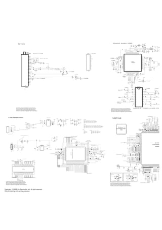 Copyright LG Electronics. Inc. All right reserved.
Only for training and service purposes
THE SYMBOL MARK OF THIS SCHEMETIC DIAGRAM INCORPORATES
SPECIAL FEATURES IMPORTANT FOR PROTECTION FROM X-RADIATION.
FILRE AND ELECTRICAL SHOCK HAZARDS, WHEN SERVICING IF IS
ESSENTIAL THAT ONLY MANUFATURES SPECFIED PARTS BE USED FOR
THE CRITICAL COMPONENTS IN THE SYMBOL MARK OF THE SCHEMETIC.
100R507
READY
+5V_TUNER
0.027uF
C512
4.7uF
35V
C510
READY
AM_AUDIO
27pF
C502
4.7K
R503
0.01uF
C503
+5V_TUNER
0.1uF
C520
+5V_TUNER
0R545
220
R522
270pF
C513
READY
1K
R513
27pF
C501
MAIN_SIF
1KR515
TV_MAIN
0.01uF
C507
READY
OPT
READY R553
SCL_TUNER
SDA_TUNER
+5V_TUNER
4.7K
R504
4.7K
R508
0
R514
330R506
330R505
4700pF
C506
220
R521
2SA1530A-T112-1R
Q502
E
B
C
RT1C3904-T112
Q501
E
B
C
0R519
0R518
TAFT-Z703D
TU500
NON EU TUNER
14 AFT
13 V-OUT
5 RF_AGC
12 NC_4
11 AS
2 GND_1
19 NC_7
18 NC_6
10 CLOCK
4 NC_2
1 NC_1
17 NC_5
9 DATA
8 GND_2
3 +B[5V]
16 SIF-OUT
7 NC_3
6 TP[33V_OPTION]
15 A-OUT
21
SHIELD
20 NC_8
BLM18BD102SN1D
L502
READY
TAFT-H703F
TU500-*1 NTSC TUNER
14
AFT
13
V-OUT
5
RF_AGC
12
NC_4
11
AS
2
GND_1
19
NC_7
18
NC_6
10
CLOCK
4
NC_2
1
NC_1
17
NC_5
9
DATA
8
GND_2
3
+B[5V]
16
SIF-OUT
7
NC_3
6
TP[33V_OPTION]
15
A-OUT
21
SHIELD
20
NC_8UBW2012-121F
120OHM
L501
10uF
16V
C521
N e a r t h e p i n
TUNER
THE SYMBOL MARK OF THIS SCHEMETIC DIAGRAM INCORPORATES
SPECIAL FEATURES IMPORTANT FOR PROTECTION FROM X-RADIATION.
FILRE AND ELECTRICAL SHOCK HAZARDS, WHEN SERVICING IF IS
ESSENTIAL THAT ONLY MANUFATURES SPECFIED PARTS BE USED FOR
THE CRITICAL COMPONENTS IN THE SYMBOL MARK OF THE SCHEMETIC.
0.1uF
C641
+5V_MULTI
SW_R
680K
R637
+5V_MULTI
+5V_MULTI
2.2uFC662
+5V_MULTI
680K
R640
4.7K
R633
SW_L
4.7K
R634
MC74HC4066ADR2G
IC602
3
YB
2
YA
4
XB
1
XA
6
CONTROL_C
5
CONTROL_B
7
GND
8
XC
9
YC
10
YD
11
XD
12
CONTROL_D
13
CONTROL_A
14
VCC
C
680K
R638
680K
R639
680K
R629
2.2uFC665
680K
R630
680K
R612
680K
R611
AUDIO_SW
+5V_MULTI
2.2uFC664
+5V_MULTI
COMP1_L
+5V_MULTI
SIDE_LIN
2.2uFC663
R64
+1.8V_DVDD
0.1uF
C605
0.1uF
C617
10uF 16V
C604
+1.8V_DVDD
0.1uF
C636
4.7K
R623
1uF
C608
1000pF
C630
0.1uF
C602
1000pF
C620
I2S_SDO
0.1uF
C629
+16V_NTP
NTP3000A
IC600
1BST1A
2VDR1A
3/RESET
4AD
5VSS_IO
6CLK_I
7CLK_O
8VDD_IO
9DGNDPLL
10AGNDPLL
11LFM
12AVDDPLL
13DVDDPLL
14NC_1
15DVSS
16
DVDD
17
SDATA
18
WCK
19BCK
20
SDA
21
SCL
22
PWM_3B/PWM_HP2
23
PWM_3A/PWM_HP1
24
PROTECT
25
FAULT
26
VDR2B
27
BST2B
28
PGND2B_1
29 PGND2B_2
30 OUT2B_1
31 OUT2B_2
32 PVDD2B_1
33 PVDD2B_2
34 PVDD2A_1
35 PVDD2A_2
36 OUT2A_1
37 OUT2A_2
38 PGND2A_1
39 PGND2A_2
40 BST2A
41 VDR2A
42 NC_2
43VDR1B
44BST1B
45PGND1B_1
46PGND1B_2
47OUT1B_1
48OUT1B_2
49PVDD1B_1
50PVDD1B_2
51
PVDD1A_1
52
PVDD1A_2
53
OUT1A_1
54
OUT1A_2
55PGND1A_1
56PGND1A_2
22000pFC623
0.1uF
C637
1uFC624
10uF 16V
C600
+3.3V
100pF
C601
SCL_Part
1000pF
C635
1000pF
C634
330uF35V
C612
1000pF
C631
0
HOTEL_OPT
R642
100
R601
+16V_NTP
1000pF
C606
+16V_NTP
+16V_NTP
100
R602
I2S_MCLK
+1.8V_AVDD
0.01uF
C613
10uF16V
C609
100pF
READY
C642
DA-8580
EAP38319001
L603
2S
1S 1F
2F
22000pF
C616
0.1uF
C607
3.3K
R600
1000pF
C603
+16V_NTP
+1.8V_AVDD
AC_DET
100
R603
0.47uF
C632
1uFC618
1000pF
50V
C651
3.3
R604
0.1uF
C615
4.7K
R624
1000pF
C621
0.1uF
C626
+16V_NTP
0.1uF
C610
22000pF
C625
1000pF
C622
1000pF
C619
I2S_SCK
I2S_WS
SDA_Part
22000pFC611
D
EAP
L
2S
1S
SW_RESET
AMP_MUTE_HOTEL
3.9
R607
3.9
R609
3.9
R608
3.9
R610
3.9
R622
3.9
R618
3.9
R617
3.9
R621
330uF 35V
C666
RT1C3904-T112
Q600
E
B
C
1uF
C614
30V
READY
D600
30V
READY
D601
30V
READY
D602
30V
READY
D603
0R606
2SA1530A-T112-1R
Q608
E
B
C
+3.3V_MST
10K
R650
100
R651
33pF
50V
C667
READY
33pF
50V
C668
READY
1N4148W
100V
D604
READY1N4148W
100V
D605
READY
1N4148W
100V
D606
READY
1N4148W
100V
D607
READY
for COMP1
for S
Audio S/W : COMP1 or SIDE L/R
Digital Audio AMP
THE SYMBOL MARK OF THIS SCHEMETIC DIAGRAM INCORPORATES
SPECIAL FEATURES IMPORTANT FOR PROTECTION FROM X-RADIATION.
FILRE AND ELECTRICAL SHOCK HAZARDS, WHEN SERVICING IF IS
ESSENTIAL THAT ONLY MANUFATURES SPECFIED PARTS BE USED FOR
THE CRITICAL COMPONENTS IN THE SYMBOL MARK OF THE SCHEMETIC.
+3.3VDDA
RAMRAS
RAMCS
I2S_DIN
RAMDQM
JP703
RAMBA[0]
0.1uF
50V
C750
4.7K
R716
150R728
IPCLK
MX25L1605AM2C-15G
IC703
IC703_USB
3
WP#
2
SO
4
GND
1CS#
5
SI
6
SCLK
7
HOLD#
8 VCC
JP702
+1.8VDDC
RAMADD[0-3]
DUPRD0
SFDI
+3.3VDDP
0R722
+1.8VDDA
RAMWE
0R723
0.1uF50V
C732
+1.8VDDCMBW3216-501TF
L715
+3.3VDDP
27
R700
100uF
16V
C722
SFCLK
SFDO
0.1uF
C717
RAMADD[10]
0.1uF
C713
0
R740
READY
DEC_656[0]
USB_DN
22pFC745
0.1uF50V
C742
0.1uF
50V
C753
0.1uF
50V
C748
1K
R709
0
R741
READY
1/10W
1K
5%
R704
+3.3VDDP
0.1uF
C716
0.1uF
50V
C752
0R725
5pF
50V
C709
RAMRAS
RAMBA[1]
0.1uF50V
C739
SFDO
4.7K
R706
1/10W
1K
5%
R705
RAMBA[1]
0R717
0.1uF50V
C730
10uF
16V
C724
27
R701
+3.3VDDP
USB_DN
0R720
0.1uF50V
C729
RAMDQM
75R737
+3.3VDDP
390
R733
15K
1%
R726
TX_MPEG
+1.8V
0.1uF50V
C738
RAMCAS
12MHz
X702
SFCS
+3.3VDDP
+3.3VDDP
27MHz
X703
0.1uF50V
C728
0R739
SFCLK
+3.3V_USB
0.1uF
C712
0.1uF50V
C726
+1.8VDDA
0.1uF50V
C736
RAMBA[0]
JP701
220K
R732
USB_DP
+3.3VDDA
USB_DP
DUPRD0
0.1uF50V
C731
0R719
+3.3VDDP
0.1uF50V
C727
SFDI
75R734
RAMCAS
0.1uF
C725
75R736
0.1uF
50V
C723
SFCS
RAMCS
RAMADD[11]
0.1uF
50V
C747
5.1K
READY
R702
IPCLK
47uF
16V
C714
RAMADD[4-9]
I2S_WS_IN
+1.8VDDC
0R724
DEC_656_CLK
5.1K
READY
R703
0.1uF50V
C744
0R721
+1.8VDDA
0.1uF
50V
C749
MPEG_RESET
RAMDAT[8-15]
+5V_USB
SFCLK
0R718
RAMWE
SFDI
I2S_CLK_IN
0.1uF
50V
C751
RAMADD[0-11]
75R735
22pFC746
0.1uF50V
C743
+3.3VDDA
RAMDAT[0-7]
0.1uF
50V
C734
JP700
DEC_656[0-7]
0.1uF50V
C737
0.1uF50V
C741
1/10W
0
5%
R738
0.1uF50V
C740
+3.3V_SDRAM
0.1uF50V
C735
RX_MPEG
RAMDAT[0-15]
1/10W
56
5%
R707
22uF
16V
C710
22uF
16V
C711
22uF
16V
C715
ZR36966PQCG-XD
IC707
USB1
2
3
4
5
6
7
8
9
10
11
12
13
14
15
16
17
18
19
20
21
22
23
24
25
26
27
28
29
30
31
32
33
34
35
36
37
38
39
40
41
42
43
44
45
46
47
48
49
50
51
52
53
54
55
56
57
58
59
60
61
62
63
64
65
66
67
68
69
70
71
72
73
74
75
76
77
78
79
80
81
82
83
84
85
86
87
88
89
90
91
92
93
94
95
96
97
98
99
100
101
102
103
104
105
106
107
108
109
110
111
112
113
114
115
116
117
118
119
120
121
122
123
124
125
126
127
128
HY57V641620FTP
IC704
26
A3
27
VDD3
28
VSS1
29
A4
30
A5
31
A6
32
A7
33
A8
34
A9
35
A11
36
NC1
37
CKE
38
CLK
39
UDQM
40
NC2
41
VSS2
42
DQ8
43
VDDQ3
44
DQ9
45
DQ10
46
VSSQ3
47
DQ11
48
DQ12
49
VDDQ4
50
DQ13
17
CAS
3
VDDQ1
6
VSSQ1
16
WE
15
LDQM
14
VDD2
13
DQ7
12
VSSQ2
11
DQ6
10
DQ5
9
VDDQ2
8
DQ4
7
DQ3
4
DQ1
5
DQ2
25
A2
24
A1
23
A0
2
DQ0
22
A10/AP
21
BA1
1
VDD1
20
BA0
19
CS
18
RAS
51
DQ14
52
VSSQ4
53
DQ15
54
VSS3
USBDOWNSTREAM
KJA-UB-4-0004
P701
USB
12345
+3.3VDDP
4.7K
READY
R742
OPT
L716
READY
4.7K
READY
R743
+5V_MULTI
12505WS-04A00
JK700
1
2
3
4
5
6.19KR715
OCP_EN
22R744
OCP_EN
FLASH_WP_ZORAN
+3.3VDDP
10K
R710
180
R708
10nF
50V
C754
READY
1K
R727
18pFC720
18pFC719
200
R729
READY
MIC2009YM6-TR
IC705
3
ENABLE
2
GND
4
FAULT/
1
VIN
6
VOUT
5
ILIMIT
120OHM
UBW2012-121F
L711
120OHM
UBW2012-121F
L712
120OHM
UBW2012-121F
L713
120OHM
UBW2012-121F
L714
120OHM
UBW2012-121F
READY
L717
120OHM
UBW2012-121F
L718
MLF2012A2R7JT000
L719
READY 220pF
50V
C755
READY
75R712
75R711
75R714
75R713
RAMADD[6]
DEC_656[5]
RAMADD[1]
RAMADD[8]
RAMDAT[7]
RAMADD[2]
DEC_656[3]
RAMDAT[6]
RAMADD[3]
RAMDAT[0]
RAMADD[9]
RAMDAT[12]
RAMDAT[5]
RAMADD[8]
DEC_656[2]
RAMDAT[10]
RAMDAT[2]
RAMDAT[4]
RAMADD[9]
RAMDAT[11]
RAMDAT[14]
DEC_656[6]
RAMDAT[7]
DEC_656[4]
RAMDAT[14]
RAMDAT[1]
RAMDAT[0]
RAMADD[11]
RAMDAT[13]
RAMDAT[13]
RAMDAT[4]
RAMDAT[8]
RAMDAT[10]
RAMDAT[3]
RAMDAT[12]
RAMADD[2]
RAMADD[6]
DEC_656[0]
RAMADD[0]
RAMADD[5]
RAMADD[3]
RAMDAT[8]
RAMDAT[15]
RAMADD[7]
RAMADD[4]
RAMADD[4]
RAMADD[5]
RAMDAT[9]
DEC_656[1]
RAMADD[1]
RAMADD[0]RAMADD[7]
RAMDAT[5]
RAMDAT[15]
RAMDAT[9]
RAMDAT[2]
RAMDAT[1]
RAMADD[10]
RAMDAT[6]
RAMDAT[11]
DEC_656[7]
RAMDAT[3]
** 1A Design
* R732 Video Output Level Reference
C709 :EMI Solution
p l a c e d a s c l o s e t o C o n n e c t o r a s p o s s i b l e .
External F/W Download
Capacitors on VBUSA should be
F o r I n i t i a l D o w n l o a d
DEC_656[0] : DUPTD0
* Analog Video Option
ZORAN I2C strobe ready
DUPTD0
* R715 Recommendation is 6.19k 1%
Originally 392 ohm 1%
DEBUG TEST OPTION
* R732 Video Output Level Refere nc
t o m e e t U S B 2 . 0 H S c e r t
ZORAN SRAM Board F/W Download
I t ’ s p o s s i b e l t o 2 7 ~ 4 7 o h m
C o n n e c t t o M a i n I C ( C C I R 6 5 6 I n t e r f a c e )
TOP SIDE!
USB/MPEG DEC
THE SYMBOL MARK OF THIS SCHEMETIC DIAGRAM INCORPORATES
SPECIAL FEATURES IMPORTANT FOR PROTECTION FROM X-RADIATION.
FILRE AND ELECTRICAL SHOCK HAZARDS, WHEN SERVICING IF IS
ESSENTIAL THAT ONLY MANUFATURES SPECFIED PARTS BE USED FOR
THE CRITICAL COMPONENTS IN THE SYMBOL MARK OF THE SCHEMETIC.
PC_AUD_L
4.7uF
C834
1N4148W
100V
D800
READY
PC_VS
2.2uFC849
MAIN_SIF
+3.3V_MULTI_MST
HWRESET
CVBS_RIN
+5V_ST
SIDE_Y
COMP2_L
SIDE_C
2.2uFC845
COMP1_Pb
PC_HS
PIP_VOUT
20pFC841
MNT_VOUT_T
1uFC837
SW_L
+3.3V_MULTI_MST
PC_AUD_R
CVBS_VIN
SIDE_V
2.2uFC847
2.2uFC842
+3.3V_MULTI_MST
+3.3V_MULTI_MST
COMP2_Pr
2.2uFC846
SW_R
+3.3V_MULTI_MST
COMP1_Pr
PC_G
2.2uFC843
PC_R
COMP2_Y
COMP2_R
+3.3V_MULTI_MST
MNT_R_AMP
2.2uFC839
2.2uFC848
MNT_L_AMP
PC_B
CVBS_LIN
2.2uFC840
COMP2_Pb
COMP1_Y
1M
R8064
20pFC838
+3.3V_MULTI_MST
14.31818MHz
X800
0.1uF
C804
READY
TV_MAIN
AM_AUDIO
10uF
16V
C833
KDS181
D802
100
R8018
100
R8019
4.7uF
10V
C800
33K
R8016
0.1uF
50V
C824KDS181
D801
AC_RST
HWRESET
+3.3V_MST
0
R8002
I2S_MCLK
I2S_WS
I2S_SCK
I2S_SDO
I2S_WS_IN
I2S_CLK_IN
I2S_DIN
0R8027
READY
0R8022
READY
0R8028
READY0R8023
READY
0R8024
READY
0R8029
READY
0R8026
READY
22R8053
READY
22R8052
READY
22R8055
22R8056
100R8078
READY
100R8075
READY
100R8077
100R8074
100R8085
100R8082
100R8087
100R8089
100R8095
100R8092RS232C
100R8094RS232C
0.047uFC813
0.047uFC817
0.047uFC816
0.047uFC814
0.047uFC819
0.047uFC812
0.047uFC815
0.047uFC818
0.047uFC810
0.047uFC820
0.047uFC823
0.047uFC822
0.047uFC829
0.047uFC827
0.047uFC830
0.047uFC828
0.047uFC825
0.047uFC826
0.047uFC831
0.1uFC832
0.1uF
C835
0.1uFC836
0.1uFC844
1000pFC811
1000pFC821
PANEL_ON
SDA_TUNER
RXD
TXD
HPD_MST_3
HPD_MST_2
HDMI_0+
HDMI_0-
HDMI_C-
HDMI_C+
HDMI_SCL
HDMI_2-
HDMI_SDA
HDMI_2+
HDMI_1-
HDMI_1+
HPD_MST_1
47R8031
47R8012
47R8043
47R8036
47R8037
47R8047
47R8032
47R8013
47R8046
47R8034
47R8041
47R8033
47R8038
47R8035
47R8044
47R8030
47R8045
47R8049TW9910 block
47R8017
47R8011
47R8039
47R8042
0.1uF
C809
0.1uFC807
0.1uFC806
0.1uFC808
0R8025
READY
2.2KR8071
READY
0.1uFC859
0.1uFC852
0.1uFC850
47R8048OPT
22KR8084
22KR8088
0.1uFC805
10KR8076
390R8054
HDMI_SEL2
HDMI_SEL1
100R8015
100R8065
100R8066
SCL_TUNER
HDMI2_5V_DET
HDMI3_5V_DET
HDMI1_5V_DET
+3
4.7KR8181
0
R8000
OPT
402
R8020
4021%
R8004
OPT
PIP_VOUTPIP_V
402
R868
OPT
1608
68
R8007
OPT
470
R8006
OPT
75
R8014
402
R870
470
R8050
DCDC_7.22V_PIP
MNT_VOUT_T
1608
68
R8051
+3.3V_MST
4.7K
R8174
4.7K
READY
R8173
TMUE312GAB
SW800
1
2 4
3
5
0.1uFC882
0.1uFC881
2SA1530A-T112-1R
Q801
OPT
E
B
C
2SA1530A-T112-1R
Q804
TW9910 block
E
B
C
RT1C3904-T112
Q802
OPTE
B
C
RT1C3904-T112
Q805E
B
C
0.1uF
16V
C880
LGE699
IC80
FHD
1RXB1N
2RXB1P
3GND_3
4RXB2N
5RXB2P
6HPLUGB
7DDCDB_DA
8DDCDB_CK
9RXACKN
10RXACKP
11GND_11
12RXA0N
13RXA0P
14AVDD_33_14
15RXA1N
16RXA1P
17GND_17
18RXA2N
19RXA2P
20HPLUGA
21REXT
22DDCDA_DA
23DDCDA_CK
24HSYNC1
25VSYNC1
26VCLAMP
27REFP
28REFM
29BIN1P
30SOGIN1
31GIN1P
32RIN1P
33VCOM3
34BIN0P
35VCOM2
36GIN0P
37SOGIN0
38RIN0P
39AVDD_33_39
40GND_40
41HSYNC0
42VSYNC0
43VSYNC2
44BIN2P
45SOGIN2
46GIN2P
47RIN2P
48C1
49Y1
50C0
51Y0
52CVBS3
53CVBS2
54CVBS1
55VCOM1
56CVBS0
57VCOM0
58AVDD_33_58
59CVBSOUT1
60CVBSOUT0
61GND_61
62SIP0P
63AVDD_SIF
64SIF1P
65SIFM
66GND_66
67AUVRADN
68AUVRADP
69AUVREF
70AVDD_AU
71AUL0
72AUR0
73AUL1
74AUR1
75AUCOM
76AUL2
77AUR2
78AUL3
79AUR3
80AUMONO
81AUOUTL3
82AUOUTR3
83AUOUTL2
84AUOUTR2
85AUOUTL1
86AUOUTR1
87AUOUTL0
88AUOUTR0
89GPIOF[0]
90GPIOF[1]
91GPIOF[2]
92GPIOF[3]
93GPIOF[4]
94GPIOF[5]
95GPIOF[6]
96GPIOF[7]
97GPIOF[8]
98GPIOF[9]
99VDDP_99
100GND_100
101VDDC101220LVB0M
221VDDP_221
222GND_222
223GPIOE[3]
224GPIOE[2]
225GPIOE[1]
226GPIOE[0]
227ICLK
228IDE
229IHSYNC
230IVSYNC
231DI[0]
232DI[1]
233DI[2]
234DI[3]
235VDDP_235
236DI[4]
237DI[5]
238DI[6]
239DI[7]
240VDDC_240
241GND_241
242DI[8]
243DI[9]
244DI[10]
245DI[11]
246DI[12]
247DI[13]
248HWRESET
249XOUT
250XIN
251AVDD_MPLL
252RXBCKN
253RXBCKP
254AVDD_33_254
255RXB0N
256RXB0P
LGE6891DD
IC801-*1
HD
1RXB1N
2RXB1P
3GND_3
4RXB2N
5RXB2P
6HPLUGB
7DDCDB_DA
8DDCDB_CK
9RXACKN
10RXACKP
11GND_11
12RXA0N
13RXA0P
14AVDD_33_14
15RXA1N
16RXA1P
17GND_17
18RXA2N
19RXA2P
20HPLUGA
21REXT
22DDCDA_DA
23DDCDA_CK
24HSYNC1
25VSYNC1
26VCLAMP
27REFP
28REFM
29BIN1P
30SOGIN1
31GIN1P
32RIN1P
33VCOM3
34BIN0P
35VCOM2
36GIN0P
37SOGIN0
38RIN0P
39AVDD_33_39
40GND_40
41HSYNC0
42VSYNC0
43VSYNC2
44BIN2P
45SOGIN2
46GIN2P
47RIN2P
48C1
49Y1
50C0
51Y0
52CVBS3
53CVBS2
54CVBS1
55VCOM1
56CVBS0
57VCOM0
58AVDD_33_58
59CVBSOUT1
60CVBSOUT0
61GND_61
62SIP0P
63AVDD_SIF
64SIF1P
65SIFM
66GND_66
67AUVRADN
68AUVRADP
69AUVREF
70AVDD_AU
71AUL0
72AUR0
73AUL1
74AUR1
75AUCOM
76AUL2
77AUR2
78AUL3
79AUR3
80AUMONO
81AUOUTL3
82AUOUTR3
83AUOUTL2
84AUOUTR2
85AUOUTL1
86AUOUTR1
87AUOUTL0
88AUOUTR0
89GPIOF[0]
90GPIOF[1]
91GPIOF[2]
92GPIOF[3]
93GPIOF[4]
94GPIOF[5]
95GPIOF[6]
96GPIOF[7]
97GPIOF[8]
98GPIOF[9]
99VDDP_99
100GND_100
101VDDC_101
102DQS[1]
103MDATA[15]
104MDATA[14]
105GND_105
106MDATA[13]
107MDATA[12]
108VDDM_108
109MDATA[11]
110MDATA[10]
111MDATA[9]
112MDATA[8]
113GND_113
114VDDM_114
115MDATA[7]
116MDATA[6]
117MDATA[5]
118MDATA[4]
119VDDM_119
120MDATA[3]
121MDATA[2]
122MDATA[1]
123MDATA[0]
124DQS[0]
125LDQM
126UDQM
127MVREF
128MCLKE
129 MCLKZ
130 MCLK
131 BADR[1]
132 BADR[0]
133 RASZ
134 GND_134
135 VDDM_135
136 AVDD_MEMPLL
137 CASZ
138 WEZ
139 MADR[0]
140 MADR[1]
141 MADR[2]
142 MADR[3]
143 MADR[4]
144 MADR[5]
145 MADR[6]
146 MADR[7]
147 VDDM_147
148 GND_148
149 VDDC_149
150 MADR[8]
151 MADR[9]
152 MADR[10]
153 MADR[11]
154 AD[0]
155 AD[1]
156 AD[2]
157 AD[3]
158 AD[4]
159 AD[5]
160 AD[6]
161 AD[7]
162 WRZ
163 RDZ
164 ALE
165 VDDP_165
166 GND_166
167 SCK
168 SDI
169 CSZ
170 SDO
171 SAR0
172 SAR1
173 SAR2
174 SAR3
175 PWM0
176 PWM1
177 DDCR_DA
178 DDCR_CK
179 DDCA_DA
180 DDCA_CK
181 INT
182 IRIN
183 VDDP_183
184 GND_184
185 VDDC_185
186 GPIOB[4]
187 GPIOB[5]
188 GPIOB[6]
189 NC_189
190 NC_190
191 PWM2
192 PWM3
193VDDC_193
194VDDP_194
195NC_195
196NC_196
197LVA3P
198LVA3M
199LVACKP
200LVACKM
201LVA2P
202LVA2M
203LVA1P
204LVA1M
205LVA0P
206LVA0M
207VDDP_207
208GND_208
209NC_209
210NC_210
211LVB3P
212LVB3M
213LVBCKP
214LVBCKM
215LVB2P
216LVB2M
217LVB1P
218LVB1M
219LVB0P
220LVB0M
221VDDP_221
222GND_222
223GPIOE[3]
224GPIOE[2]
225GPIOE[1]
226GPIOE[0]
227ICLK
228IDE
229IHSYNC
230IVSYNC
231DI[0]
232DI[1]
233DI[2]
234DI[3]
235VDDP_235
236DI[4]
237DI[5]
238DI[6]
239DI[7]
240VDDC_240
241GND_241
242DI[8]
243DI[9]
244DI[10]
245DI[11]
246DI[12]
247DI[13]
248HWRESET
249XOUT
250XIN
251AVDD_MPLL
252RXBCKN
253RXBCKP
254AVDD_33_254
255RXB0N
256RXB0P
SPK-N2.2KR8183
0
TW9910 block
R8081
100R8010
DCDC_7.22V_PIP
FLASH_WP
0R8080
0R8079
1000pFC853
1000pFC854
0
READY
R8021
0
READY
R8057
0R8058
100R8073
100R8072
HPD_MST_2
S_VIDEO_DET
1000pFC851
100
R8060
+3.3V_MST
4.7K
R8091
4.7K
READY
R8090
0.1uFC801
0.1uF
C803
0.1uFC855
DEC_656[0]
DEC_656[1]
DEC_656[2]
DEC_656[3]
DEC_656[4]
DEC_656[5]
DEC_656[6]
DEC_656[7]
TXCO4+
NON_EU OPTION
MSTAR
CVBS_V
SW_L/R: COMP2_L/R or SIDE_L/R
RS232C
MSTAR Recommand
: o v e r 8 V
GAIN X 4
GAIN X 4
H/W OPTION #3
120HZ: H
Normal: L
 