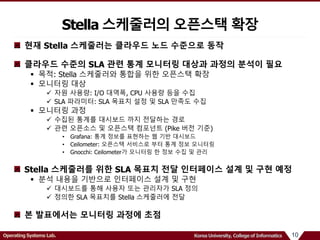 10Operating Systems Lab. Korea University, College of Informatics
현재 Stella 스케줄러는 클라우드 노드 수준으로 동작
클라우드 수준의 SLA 관련 통계 모니터링 대상과 과정의 분석이 필요
 목적: Stella 스케줄러와 통합을 위한 오픈스택 확장
 모니터링 대상
 자원 사용량: I/O 대역폭, CPU 사용량 등을 수집
 SLA 파라미터: SLA 목표치 설정 및 SLA 만족도 수집
 모니터링 과정
 수집된 통계를 대시보드 까지 전달하는 경로
 관련 오픈소스 및 오픈스택 컴포넌트 (Pike 버전 기준)
• Grafana: 통계 정보를 표현하는 웹 기반 대시보드
• Ceilometer: 오픈스택 서비스로 부터 통계 정보 모니터링
• Gnocchi: Ceilometer가 모니터링 한 정보 수집 및 관리
Stella 스케줄러를 위한 SLA 목표치 전달 인터페이스 설계 및 구현 예정
 분석 내용을 기반으로 인터페이스 설계 및 구현
 대시보드를 통해 사용자 또는 관리자가 SLA 정의
 정의한 SLA 목표치를 Stella 스케줄러에 전달
본 발표에서는 모니터링 과정에 초점
Stella 스케줄러의 오픈스택 확장
 