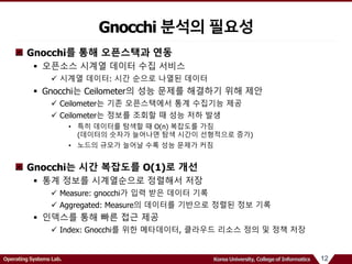 12Operating Systems Lab. Korea University, College of Informatics
Gnocchi를 통해 오픈스택과 연동
 오픈소스 시계열 데이터 수집 서비스
 시계열 데이터: 시간 순으로 나열된 데이터
 Gnocchi는 Ceilometer의 성능 문제를 해결하기 위해 제안
 Ceilometer는 기존 오픈스택에서 통계 수집기능 제공
 Ceilometer는 정보를 조회할 때 성능 저하 발생
• 특히 데이터를 탐색할 때 O(n) 복잡도를 가짐
(데이터의 숫자가 늘어나면 탐색 시간이 선형적으로 증가)
• 노드의 규모가 늘어날 수록 성능 문제가 커짐
Gnocchi는 시간 복잡도를 O(1)로 개선
 통계 정보를 시계열순으로 정렬해서 저장
 Measure: gnocchi가 입력 받은 데이터 기록
 Aggregated: Measure의 데이터를 기반으로 정렬된 정보 기록
 인덱스를 통해 빠른 접근 제공
 Index: Gnocchi를 위한 메타데이터, 클라우드 리소스 정의 및 정책 저장
Gnocchi 분석의 필요성
 