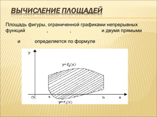 Площадь фигуры, ограниченной графиками непрерывных
функций        ,        ,            и двумя прямыми

    и      определяется по формуле
 