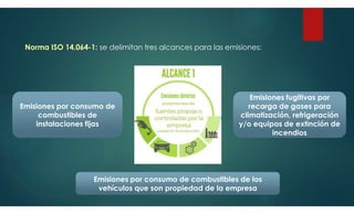 Emisiones por consumo de
combustibles de
instalaciones fijas
Emisiones por consumo de combustibles de los
vehículos que son propiedad de la empresa
Emisiones fugitivas por
recarga de gases para
climatización, refrigeración
y/o equipos de extinción de
incendios
Norma ISO 14.064-1: se delimitan tres alcances para las emisiones:
 