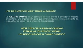 ¿POR QUÉ ES IMPORTANTE MEDIR Y REDUCIR LAS EMISIONES?
La HUELLA DE CARBONO es un concepto que nos ayuda a entender el impacto
ambiental de una organización, pero que también dibuja una imagen diferente de
su estructura de costos y de la eficiencia de sus procesos.
MEDIR Y REDUCIR LA HUELLA DE CARBONO
ES TRABAJAR POR REDUCIR Y MITIGAR
LOS RIESGOS LIGADOS AL CAMBIO CLIMÁTICO
 