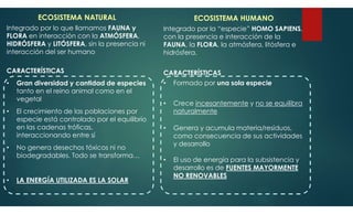 ECOSISTEMA NATURAL
Integrado por lo que llamamos FAUNA y
FLORA en interacción con la ATMÓSFERA,
HIDRÓSFERA y LITÓSFERA, sin la presencia ni
interacción del ser humano
CARACTERÍSTICAS
• Gran diversidad y cantidad de especies
tanto en el reino animal como en el
vegetal
• El crecimiento de las poblaciones por
especie está controlado por el equilibrio
en las cadenas tróficas,
interaccionando entre sí
• No genera desechos tóxicos ni no
biodegradables. Todo se transforma…
• LA ENERGÍA UTILIZADA ES LA SOLAR
ECOSISTEMA HUMANO
Integrado por la “especie” HOMO SAPIENS,
con la presencia e interacción de la
FAUNA, la FLORA, la atmósfera, litósfera e
hidrósfera.
CARACTERÍSTICAS
• Formado por una sola especie
• Crece incesantemente y no se equilibra
naturalmente
• Genera y acumula materia/residuos,
como consecuencia de sus actividades
y desarrollo
• El uso de energía para la subsistencia y
desarrollo es de FUENTES MAYORMENTE
NO RENOVABLES
 
