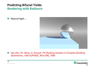 © Fraunhofer ISE
15
Predicting Bifacial Yields
Rendering with Radiance
 Natural light ...
 See also: Ch. Reise, A. Kovach: PV Shading Analysis in Complex Building
Geometries, 13th EUPVSEC, Nice (FR), 1995
 