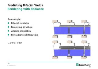 © Fraunhofer ISE
18
Predicting Bifacial Yields
Rendering with Radiance
An example:
 Bifacial modules
 Mounting Structure
 Albedo properties
 Sky radiance distribution
... aerial view
 