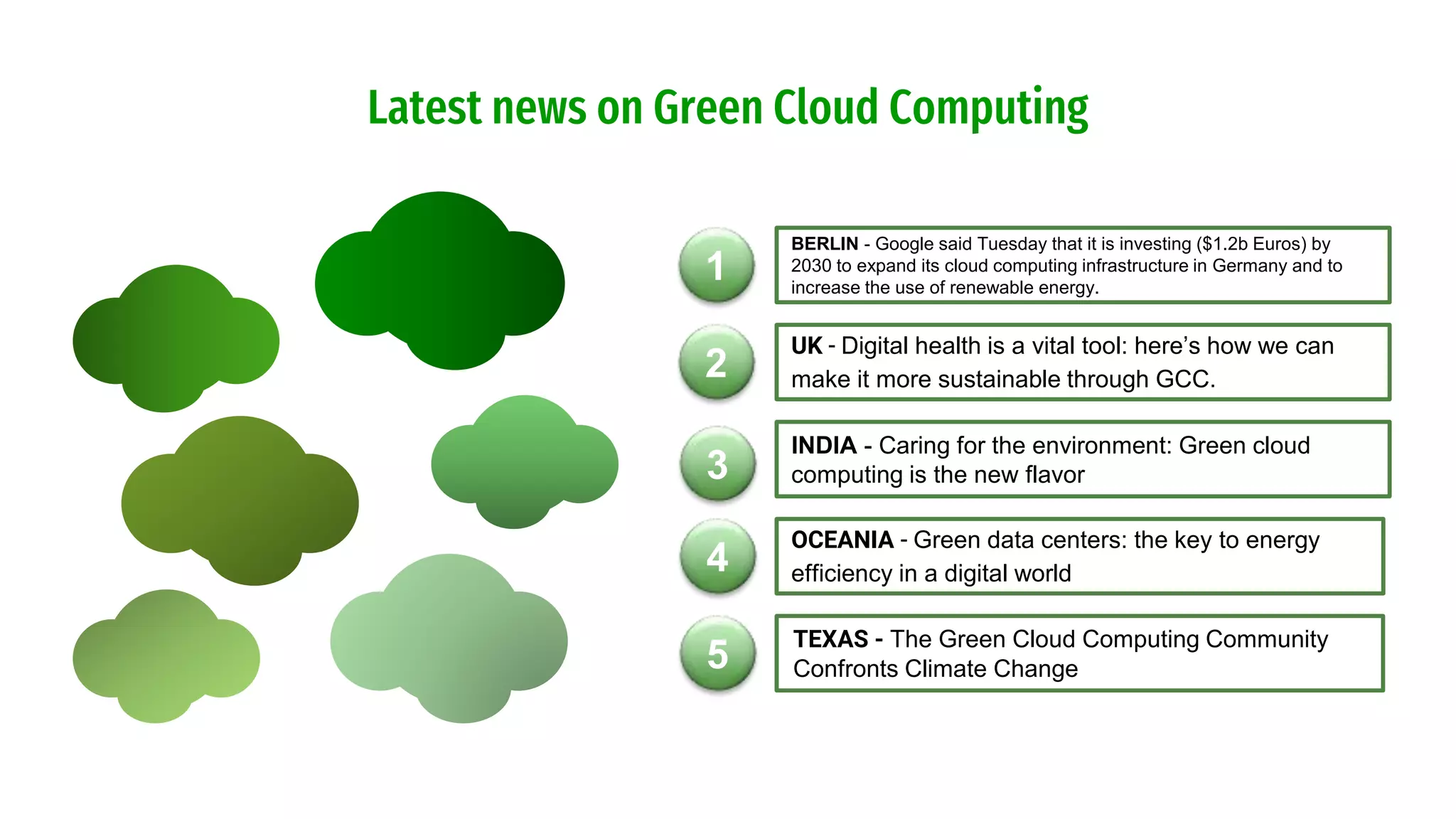 Latest news on Green Cloud Computing
1
2
3
4
5
BERLIN - Google said Tuesday that it is investing ($1.2b Euros) by
2030 to expand its cloud computing infrastructure in Germany and to
increase the use of renewable energy.
UK - Digital health is a vital tool: here’s how we can
make it more sustainable through GCC.
INDIA - Caring for the environment: Green cloud
computing is the new flavor
OCEANIA - Green data centers: the key to energy
efficiency in a digital world
TEXAS - The Green Cloud Computing Community
Confronts Climate Change
 