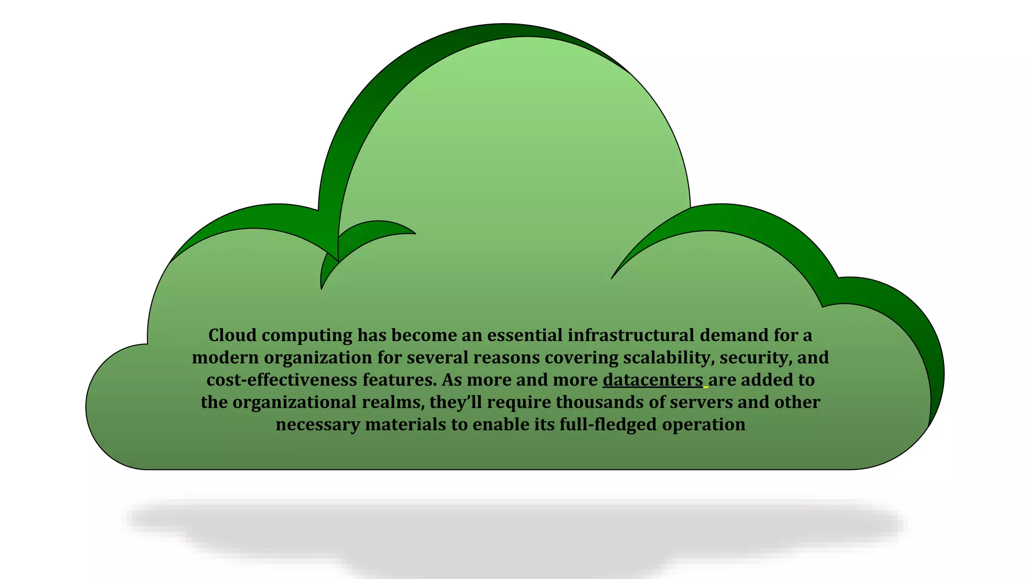 Cloud computing has become an essential infrastructural demand for a
modern organization for several reasons covering scalability, security, and
cost-effectiveness features. As more and more datacenters are added to
the organizational realms, they’ll require thousands of servers and other
necessary materials to enable its full-fledged operation
 