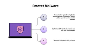 Emotet Malware
The Australian Cyber Security Centre
warned national organizations about a
global cyber threat from Emotet
malware
1
2
3
Sophisticated Trojan that can steal data
and load other malware
Thrives on unsophisticated password
 