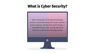 What is Cyber Security?
Cyber security refers to the body of technologies,
processes, and practices designed to protect networks,
devices, programs, and data from attack, damage, or
unauthorized access. Cyber security may also be
referred to as information technology security.
 