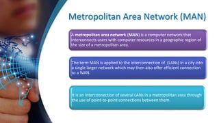 Metropolitan Area Network (MAN)
A metropolitan area network (MAN) is a computer network that
interconnects users with computer resources in a geographic region of
the size of a metropolitan area.
The term MAN is applied to the interconnection of (LANs) in a city into
a single larger network which may then also offer efficient connection
to a WAN.
It is an interconnection of several LANs in a metropolitan area through
the use of point-to-point connections between them.
 