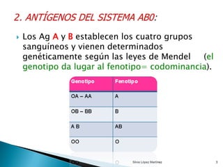  Los Ag A y B establecen los cuatro grupos
sanguíneos y vienen determinados
genéticamente según las leyes de Mendel (el
genotipo da lugar al fenotipo= codominancia).
Silvia López Martínez 3
 