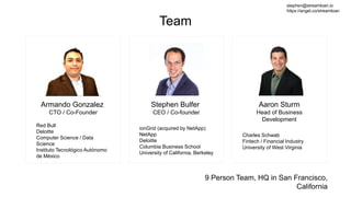 Team
Stephen Bulfer
CEO / Co-founder
ionGrid (acquired by NetApp)
NetApp
Deloitte
Columbia Business School
University of California, Berkeley
Armando Gonzalez
CTO / Co-Founder
Red Bull
Deloitte
Computer Science / Data
Science
Instituto Tecnológico Autónomo
de México
9 Person Team, HQ in San Francisco,
California
Aaron Sturm
Head of Business
Development
Charles Schwab
Fintech / Financial Industry
University of West Virginia
stephen@streamloan.io
https://angel.co/streamloan
 