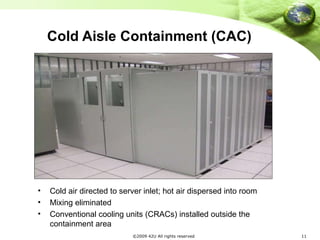 Cold Aisle Containment (CAC) Cold air directed to server inlet; hot air dispersed into room Mixing eliminated Conventional cooling units (CRACs) installed outside the containment area 