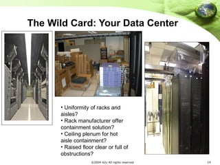 The Wild Card: Your Data Center Uniformity of racks and aisles?  Rack manufacturer offer containment solution? Ceiling plenum for hot aisle containment?  Raised floor clear or full of obstructions?  