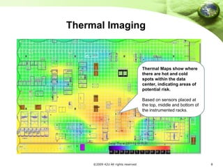 Thermal Imaging Thermal Maps show where there are hot and cold spots within the data center, indicating areas of potential risk. Based on sensors placed at the top, middle and bottom of the instrumented racks.  