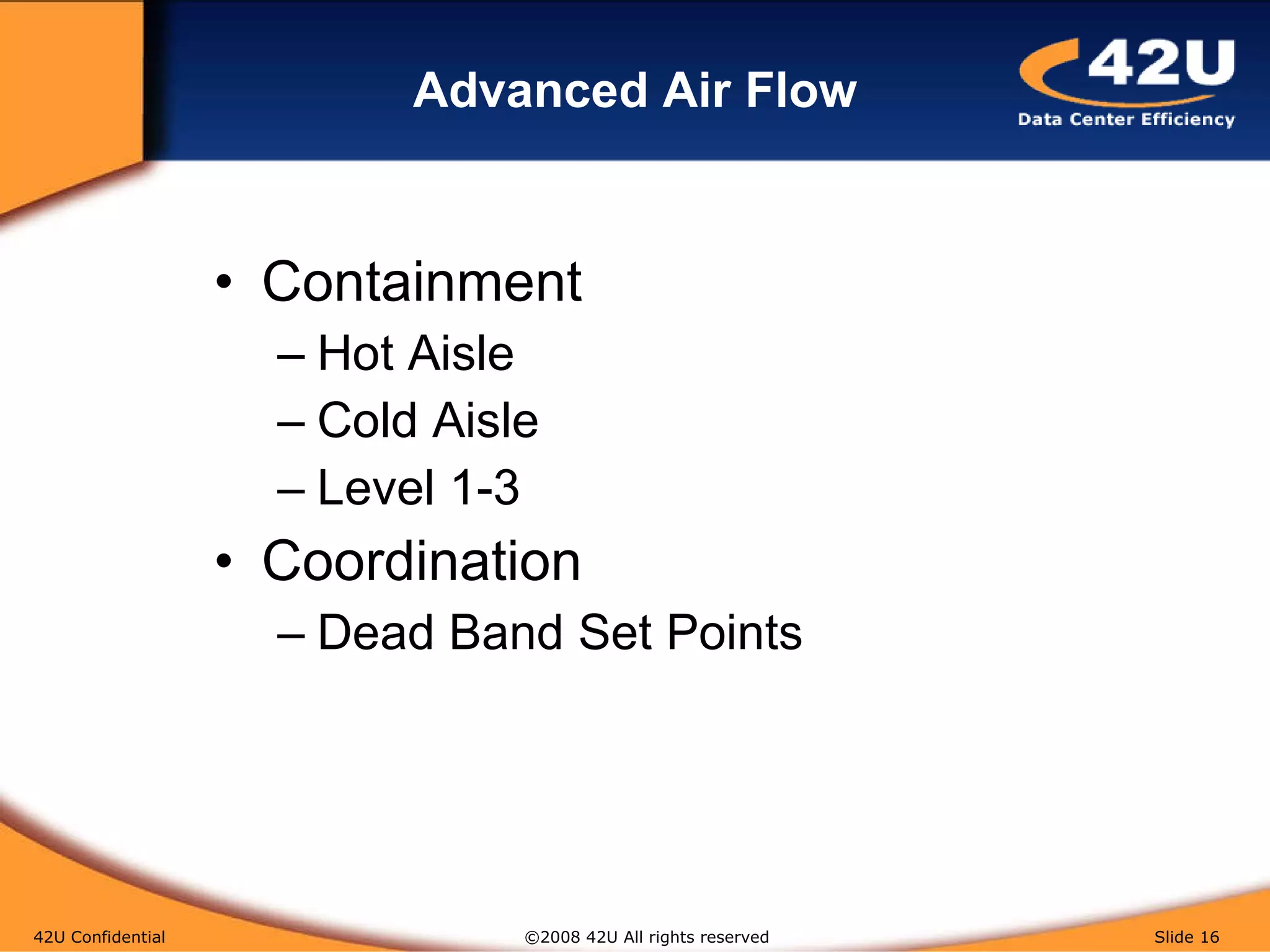 Advanced Air Flow Containment Hot Aisle Cold Aisle Level 1-3 Coordination Dead Band Set Points 42U Confidential   ©2008 42U All rights reserved  Slide  