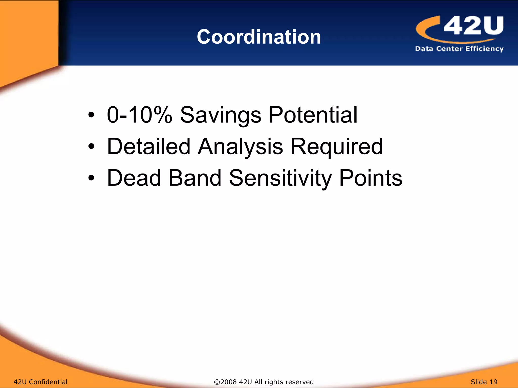 Coordination 0-10% Savings Potential Detailed Analysis Required Dead Band Sensitivity Points 42U Confidential   ©2008 42U All rights reserved  Slide  