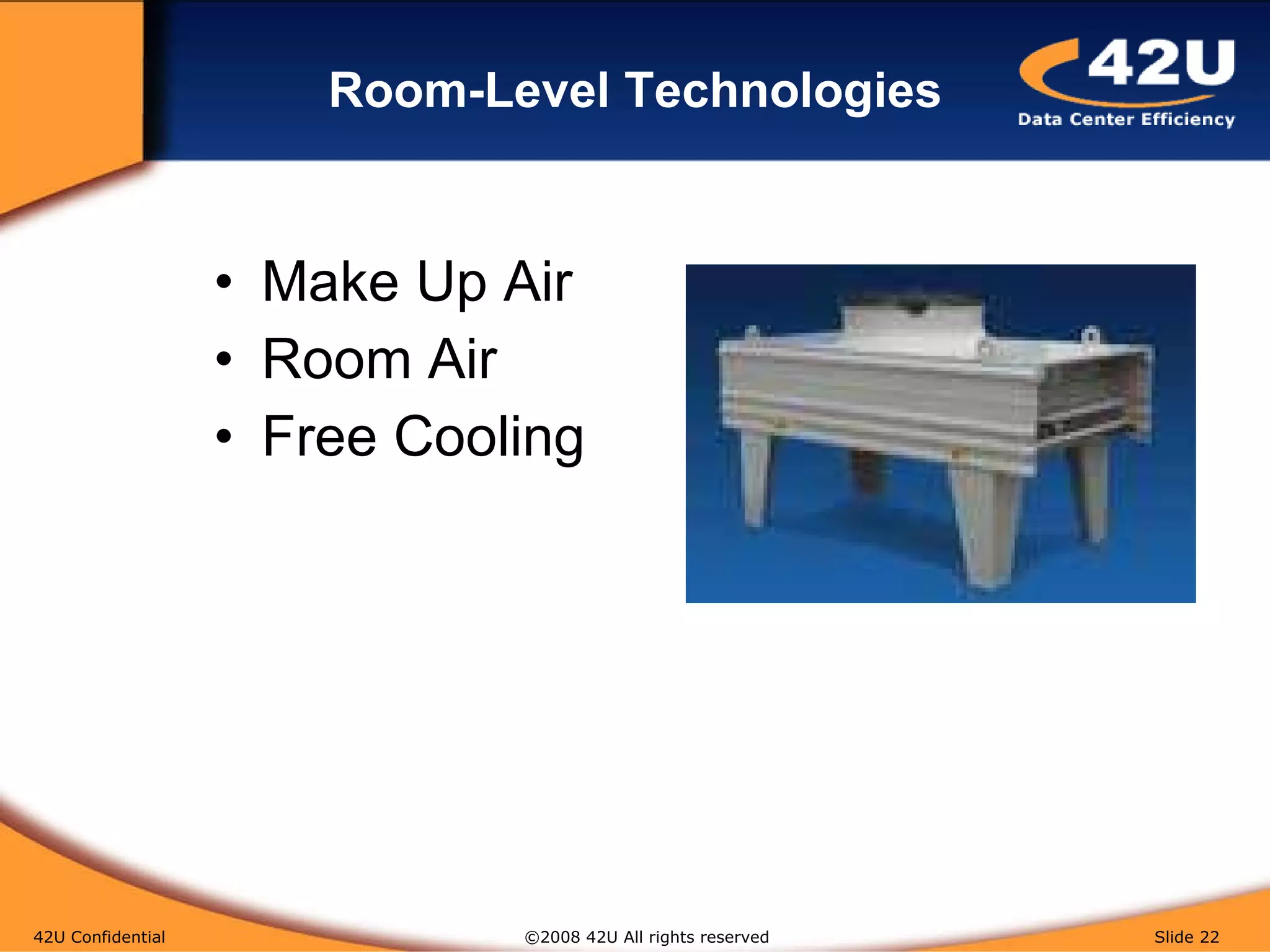 Room-Level Technologies Make Up Air Room Air Free Cooling 42U Confidential   ©2008 42U All rights reserved  Slide  