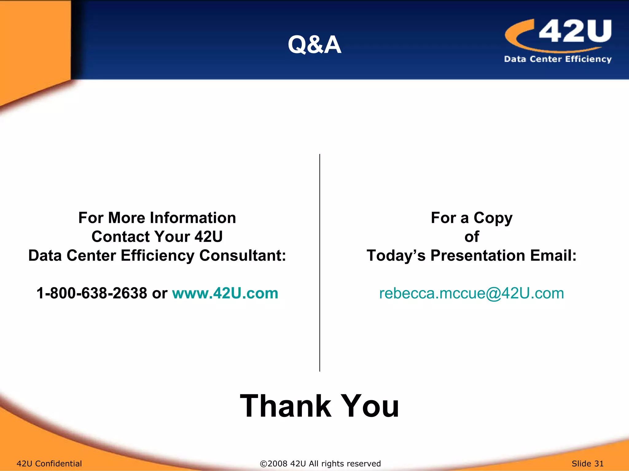 Q&A 42U Confidential   ©2008 42U All rights reserved  Slide  For More Information Contact Your 42U Data Center Efficiency Consultant: 1-800-638-2638 or  www.42U.com For a Copy of Today’s Presentation Email: [email_address] Thank You 